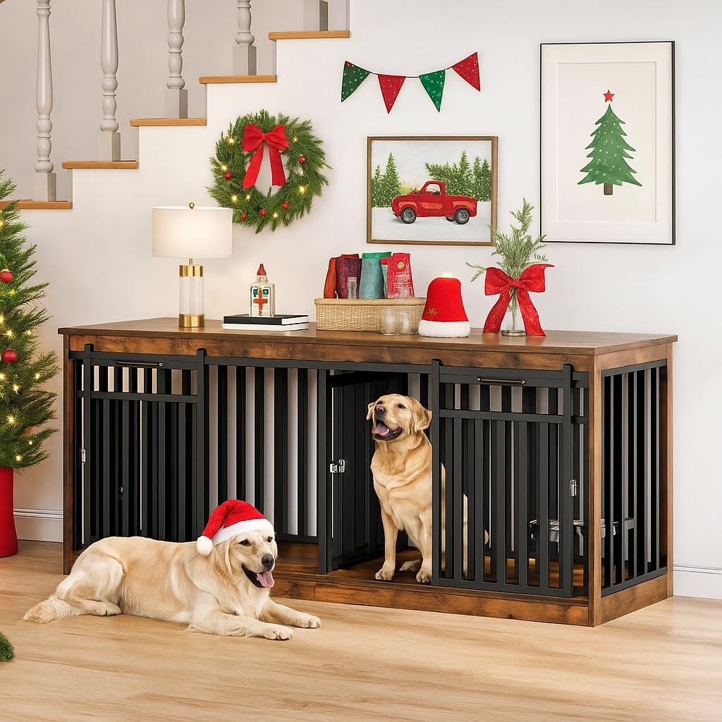 DWVO 71 Double Dog Crate Furniture for 2 Medium Dogs, Heavy Duty Wood Dual Dog Kennel TV Stand with Sliding Doors, Decorative Wo