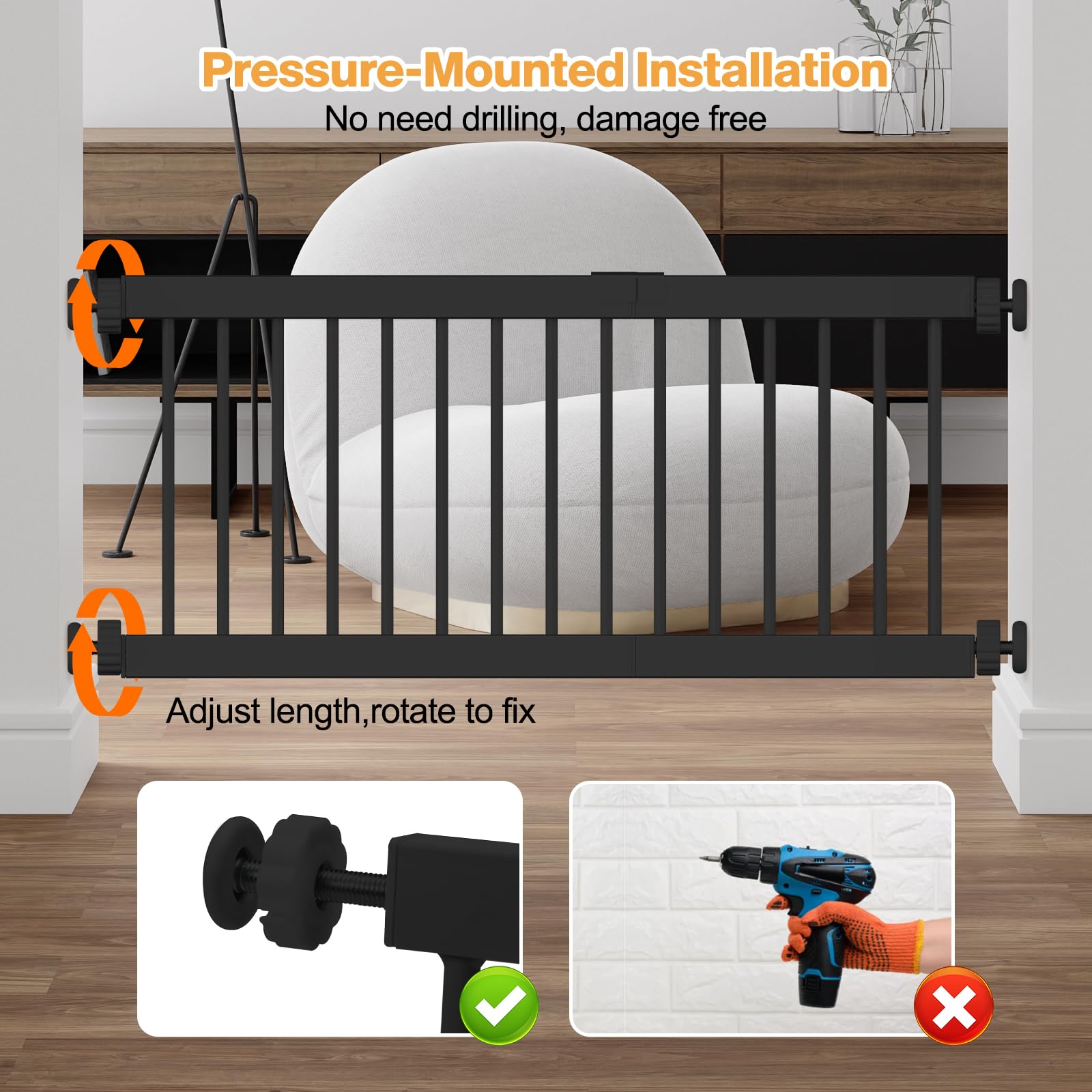 Dog Gate Indoor,18'-45' Adjustable Extra Wide Metal Short Dog Gate To Step Over, 14' Tall Small Pet Gate With 3 Extension Kit