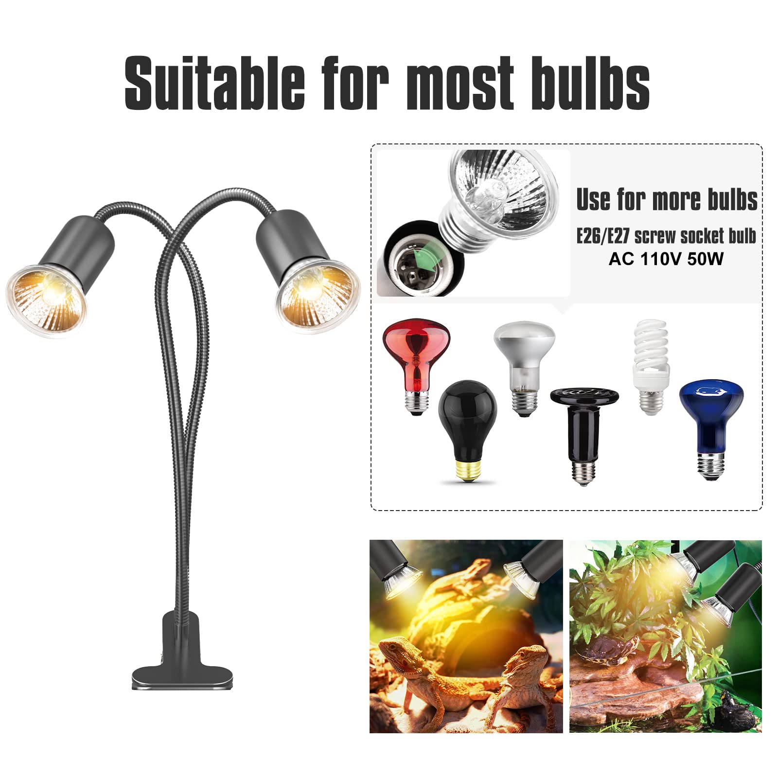 Reptile Heat Lamp, Dual-Head Uva/B Reptile Light With Cycle Timer, Basking Light For Reptile Turtle Bearded Dragon Lizards Snake, E26/27 Base With 4 Bulbs (2Pcs 25W And 2Pcs 50W)