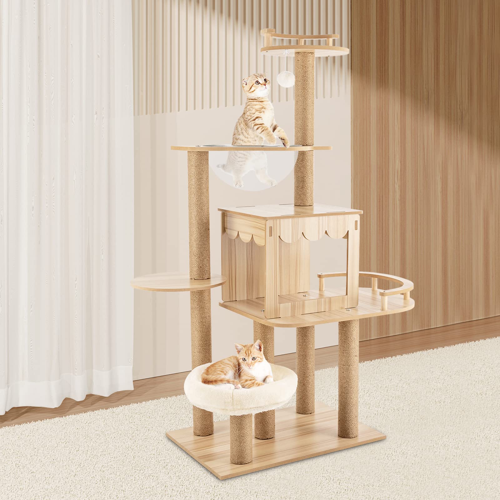 Cat Tree Furniture 17.7X15.7X47.2 Inch Yellowish Multi-Level Cat Tower With 4 Jumping Boards Resting Platform And A Cute Toy On