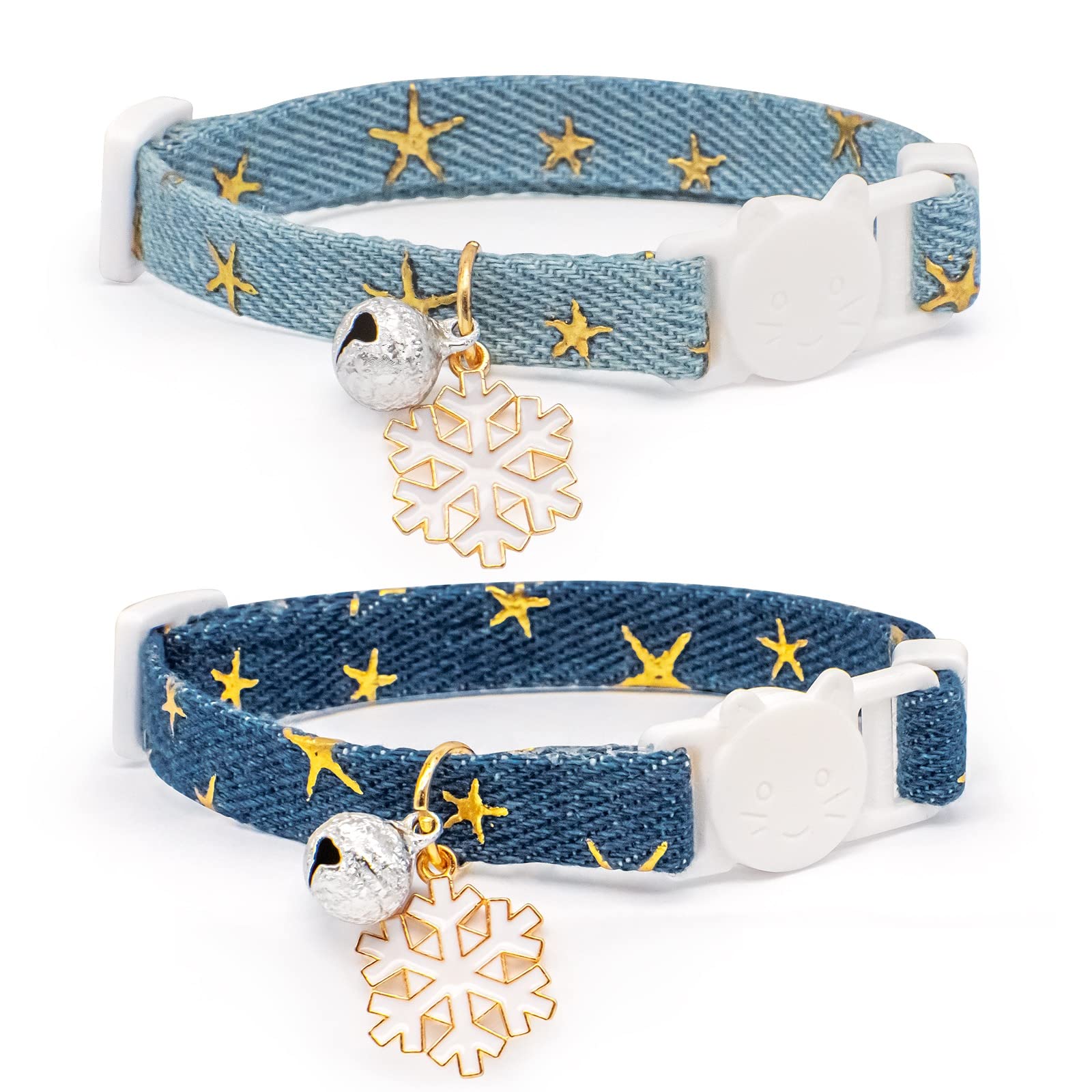 2 Pack Cotton Breakaway Cat Collar With Bell,Dark Blue & Light Blue White Snowflake Pendant Cute Cat Collar Kitten Collar,Ideal 
