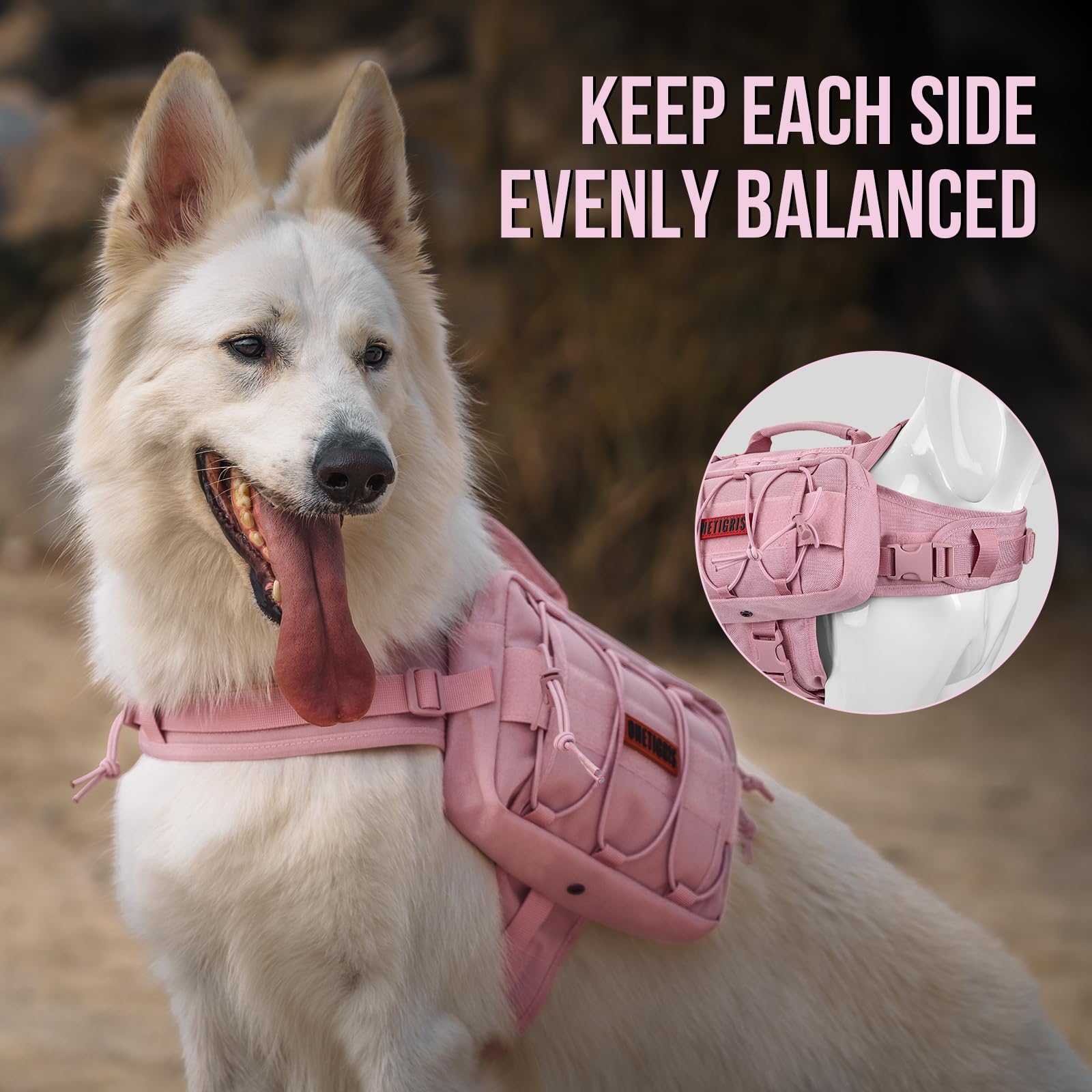 Onetigris Dog Backpack For Medium & Large Dogs, Mammoth Nylon Dog Pack Tactical Backpack Harness With Side Pockets For Hiking Wa