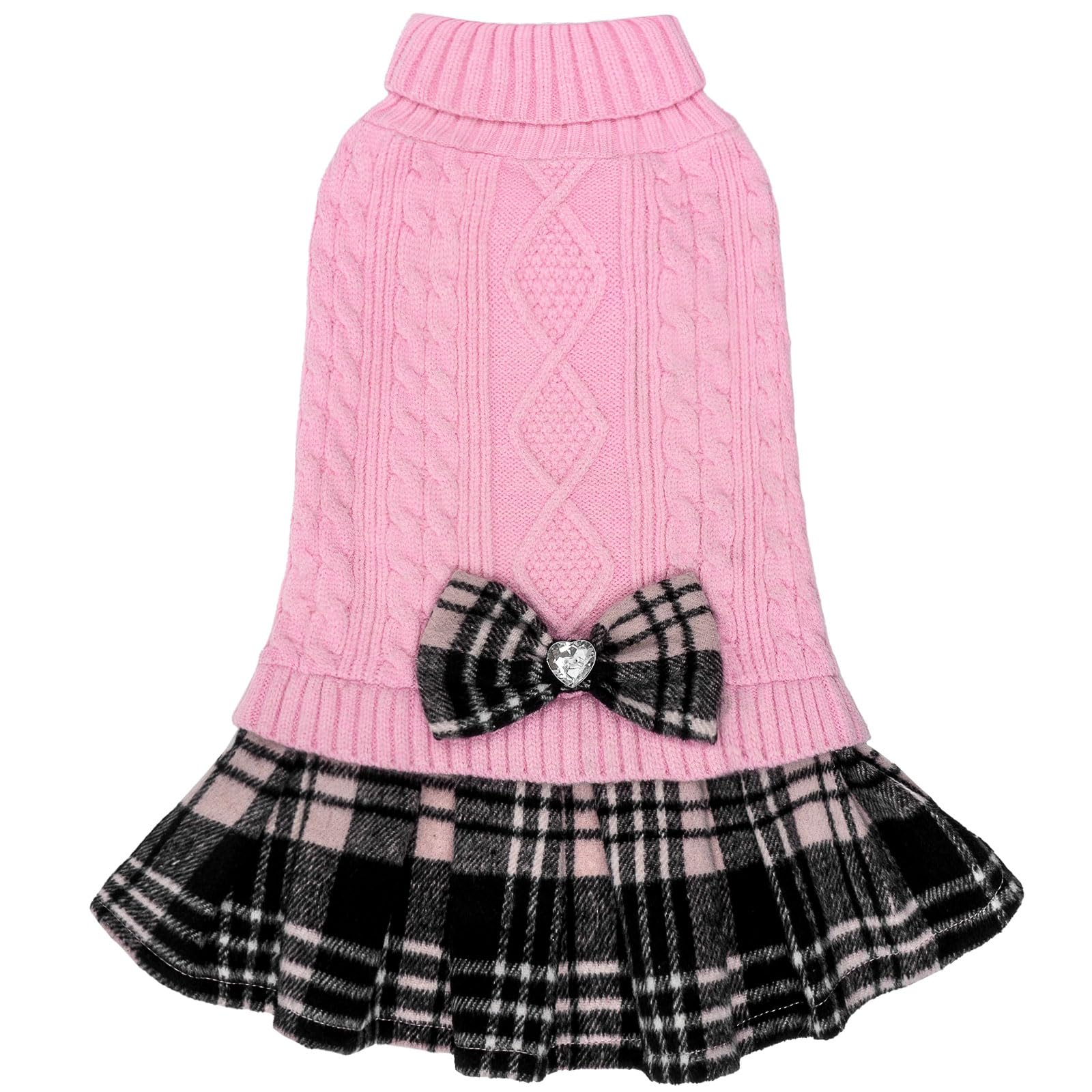 Kyeese Dog Sweater Dress With Leash Hole For Small Medium Dogs With Bowtie Checkered Turtleneck Dog Sweaters Warm Pet Sweater Pink