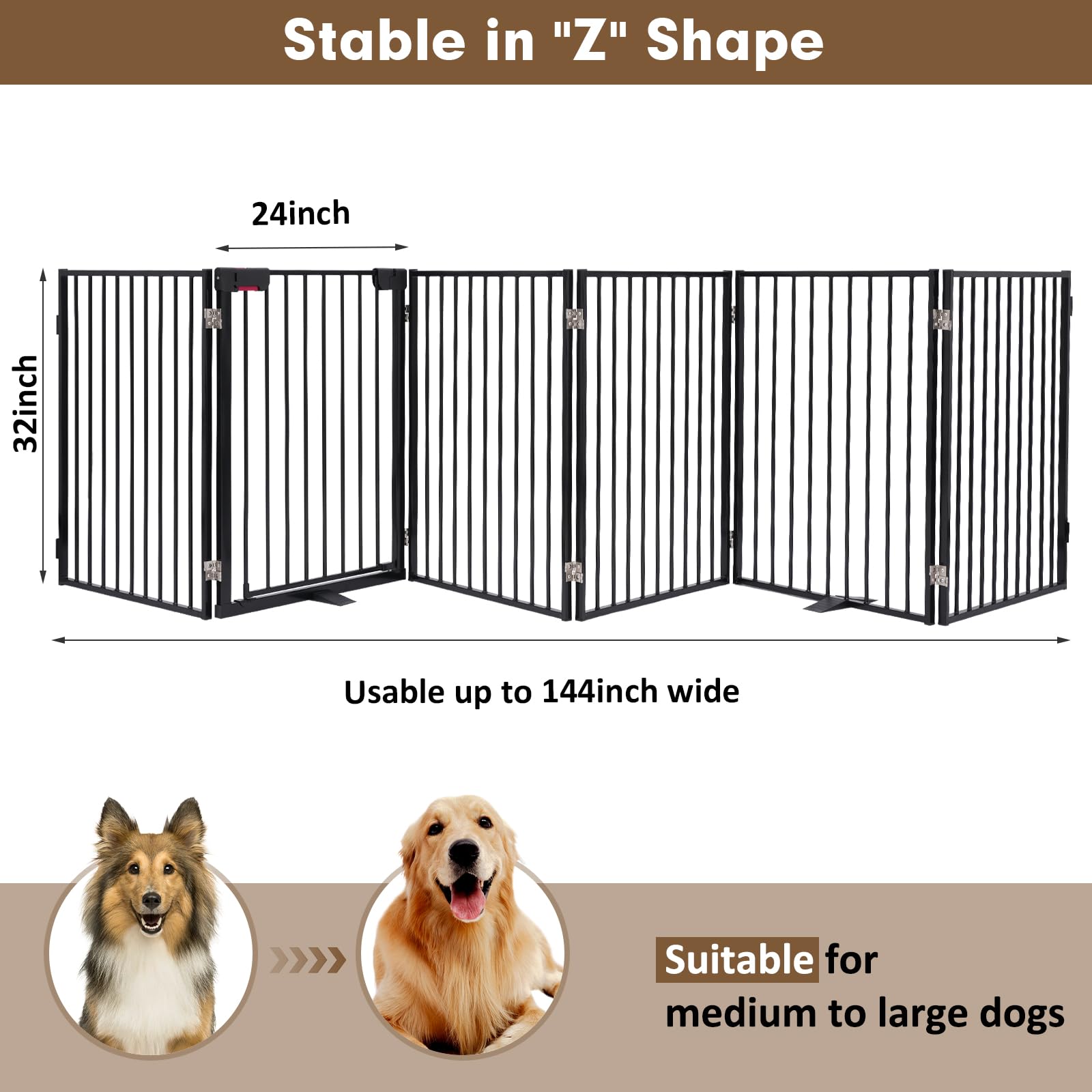 Metal Freestanding Dog Gates With Door,Extra Wide 24'', 32'' Height Foldable Dog Fence For Indoor & Outdoor, Heavy Duty Freestan