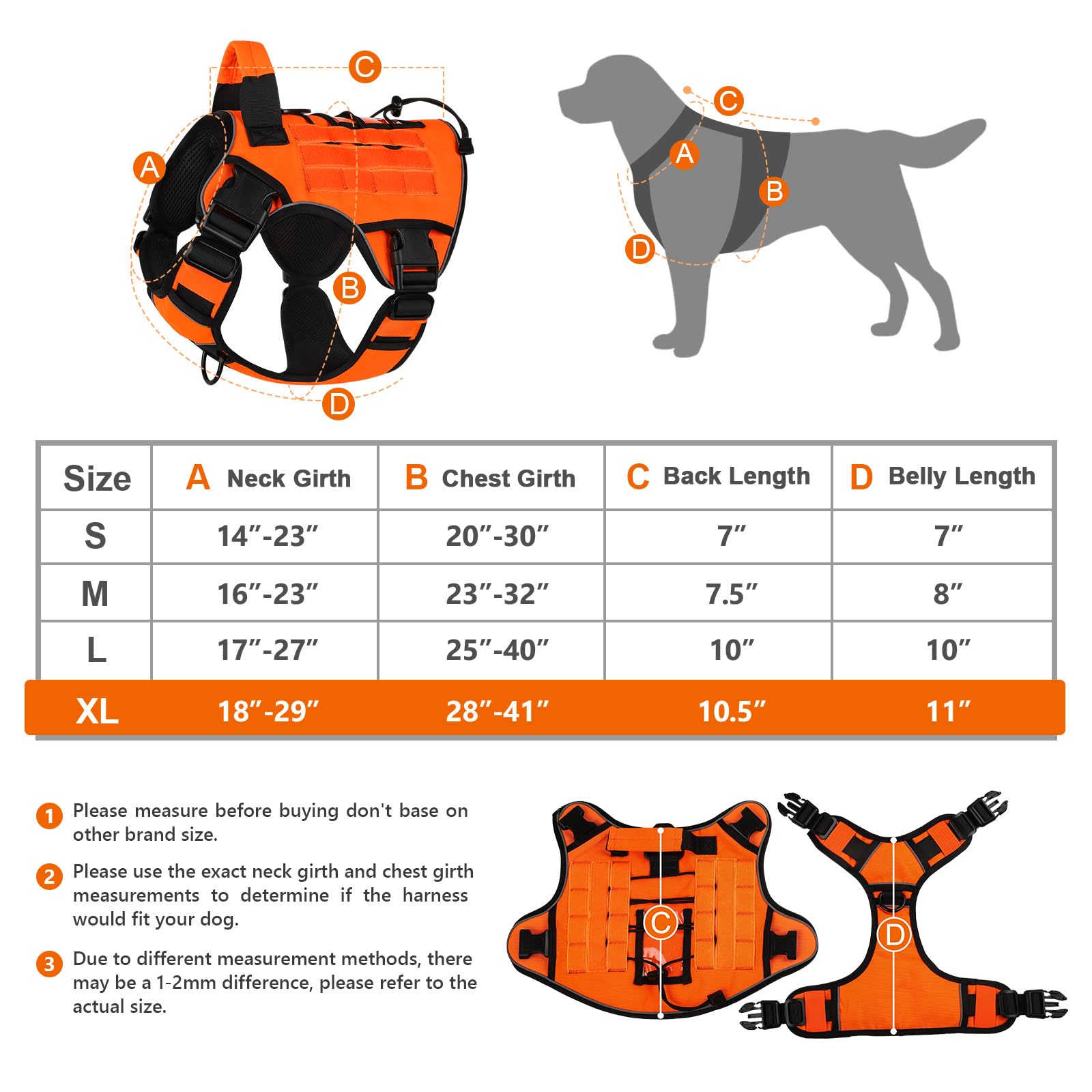 Wingoin Orange Tactical Dog Harness Vest For Large Dogs No Pull Adjustable Reflective Military Pet Harness With Handle For Golden Retriever, Doberman Pinscher, Rottweiler, Great Dane Service Dog (Xl)