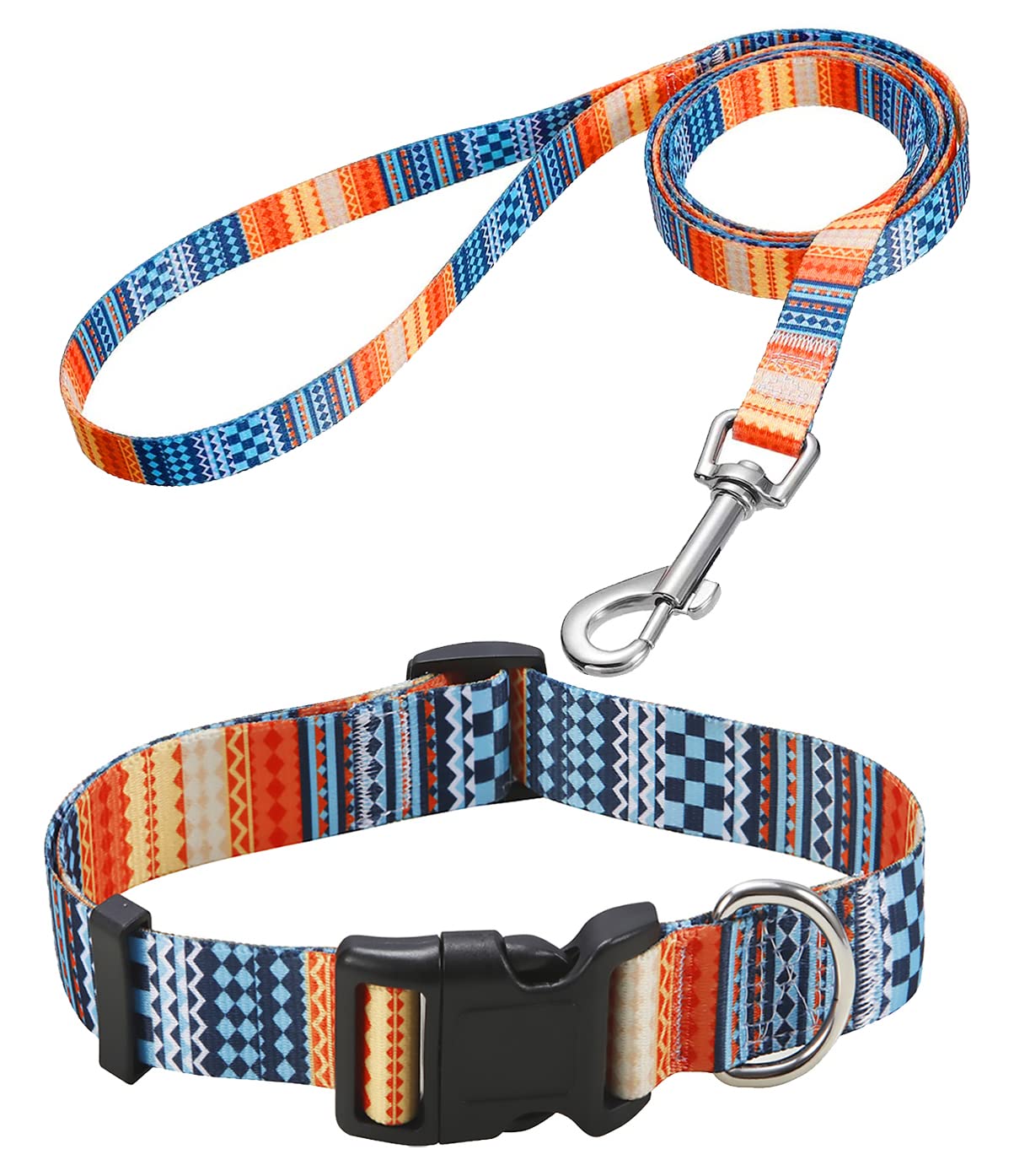 Mihqy Dog Collar And Leash Set With Bohemia Floral Tribal Geometric Patterns - Soft Ethnic Style Collar Adjustable For Small Medium Large Dogs(Bohemian Orange Set,L)