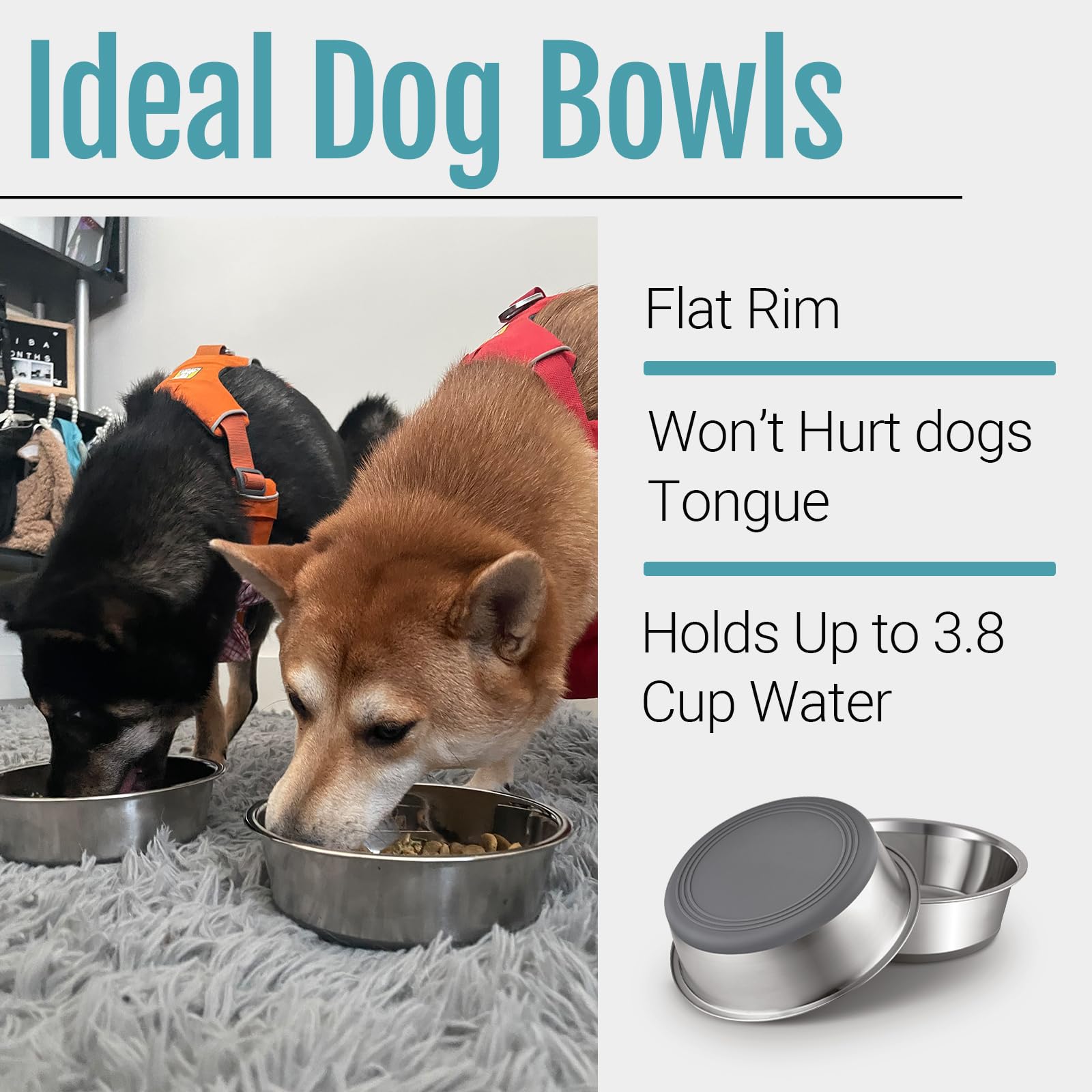 PEGGY11 Stainless Steel Metal Dog Bowls, Nonslip Rubber Bottom, Dishwasher Safe, Easy to Clean - 4 Pack, Each Holds 3.8 US Cup