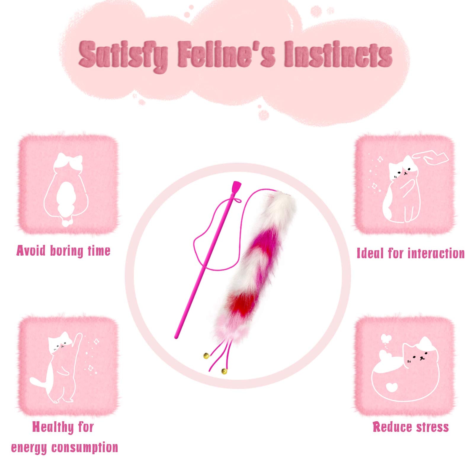 Lepawit 3 Pack Cat Wand Toy, Rainbow Cat Feather Toys With Bells, Cat Teaser Wand With Soft Furry Tail, Interactive Cat Toys For