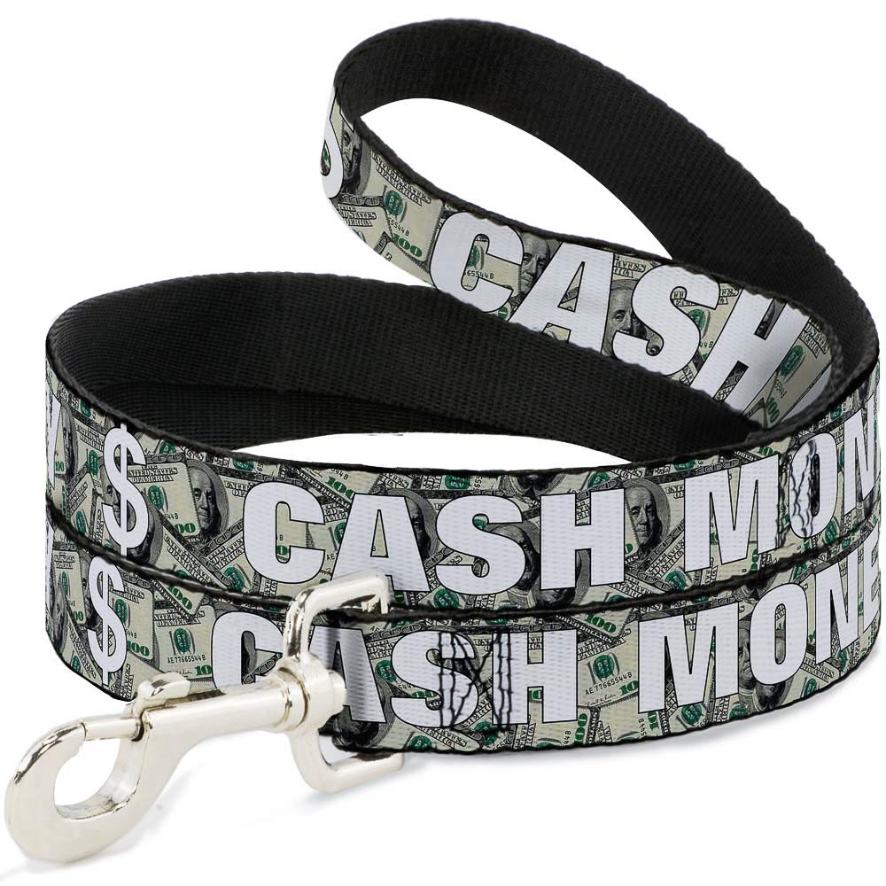 Dog Leash Cash Money Dollar Bills White Fill 4 Feet Long 1.5 Inch Wide