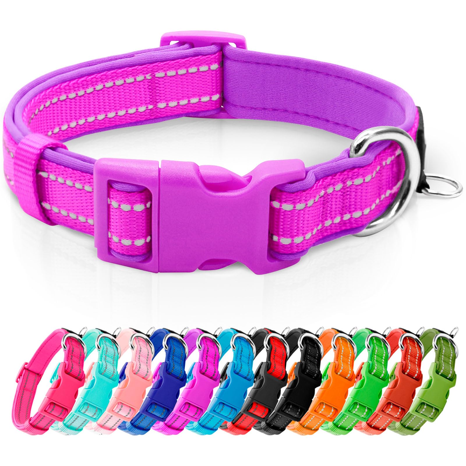 Azuza Reflective Dog Collar,Soft Neoprene Padded Pet Collar With Id Tag Ring,Adjustable For Medium Dogs,Purple,M