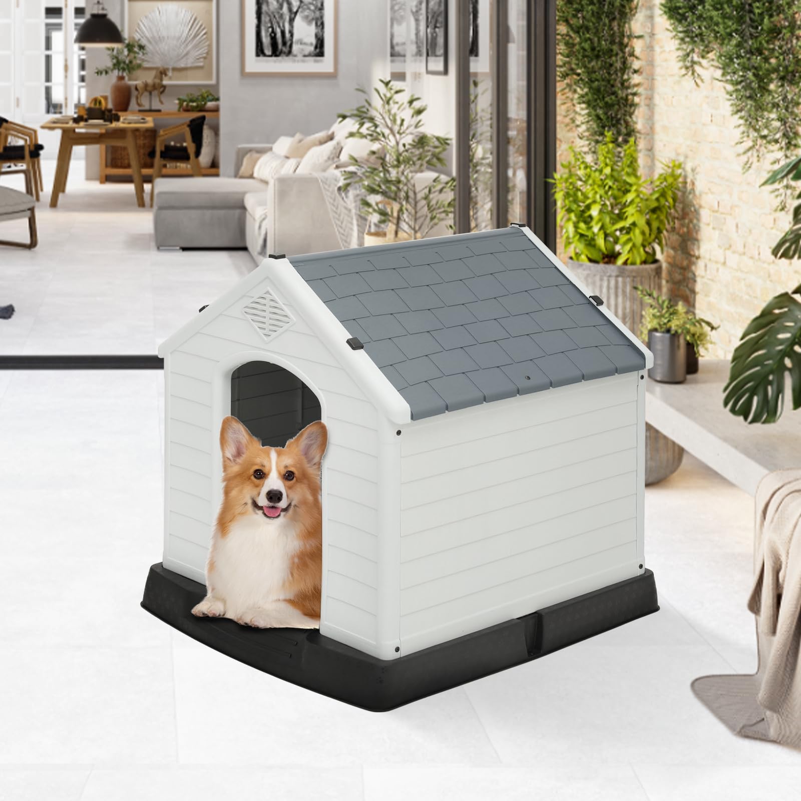 Magshion Dog House, Outdoor Indoor Dog House Puppy Shelter Water Resistant, Plastic Dog Houses For Small Medium Dogs, Dark Gray