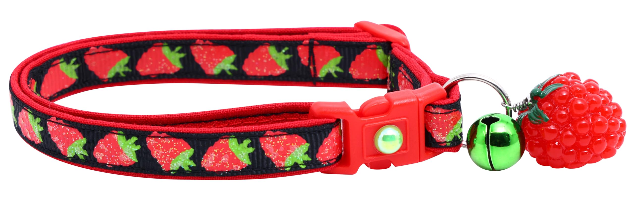 Raspberry Cat Collar With Charm & Bell | Safety Breakaway Collar | Adjustable Large Size Or Kitten Collar (Black, Large(10Lbs & 