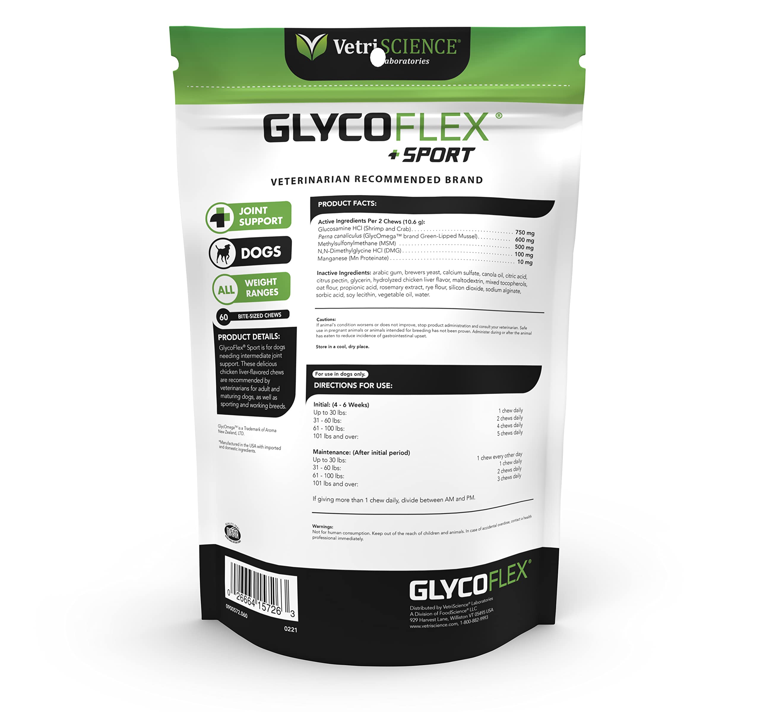 VetriScience GlycoFlex Sport Hip and Joint Supplement for Dogs - Joint Support Chews with Green-Lipped Mussel, DMG, and Glucosam