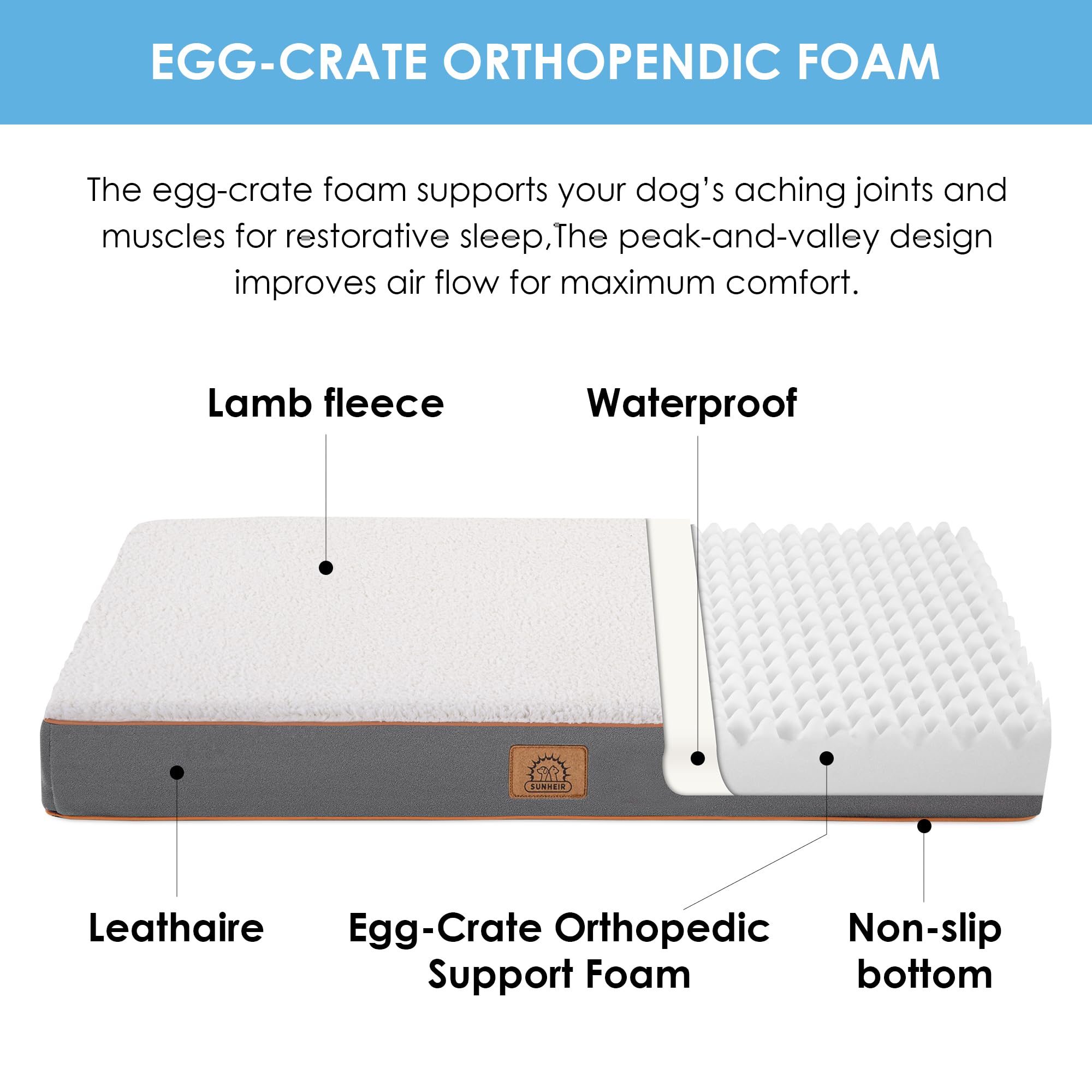 Sunheir Orthopedic Dog Bed For Large Dogs, Large Dog Bed With Removable Waterproof Cover And Machine Washable Dog Bed, Egg Crate Foam Pet Bed Mat, L(35'X22'X3'), Light Grey