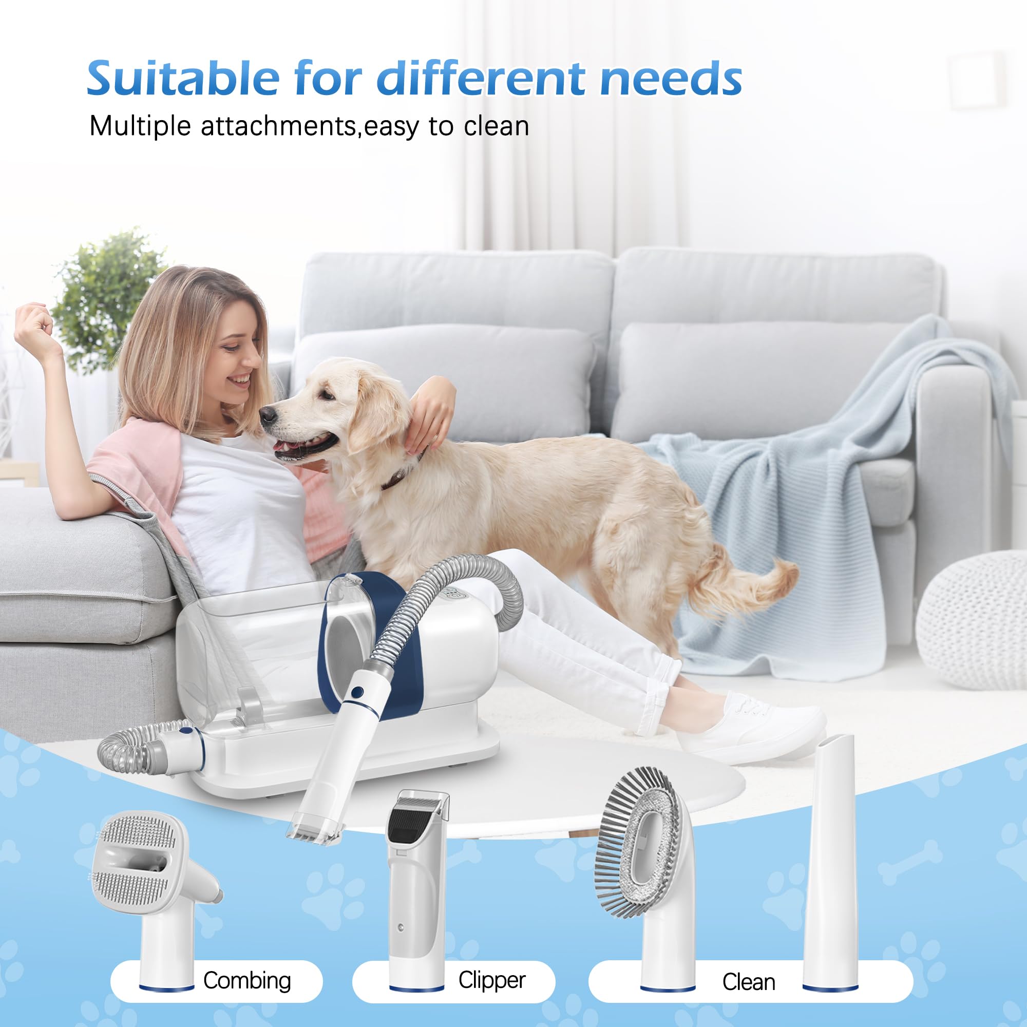 Lmvvc Pet Grooming Kit, Dog Grooming Clippers With 2.3L Vacuum Suction 99% Pet Hair, Pet Grooming Vacuum Low Noise With 5 Pet Grooming Tools And 4 Clipper Guards For Dogs Cats (Blue & White)