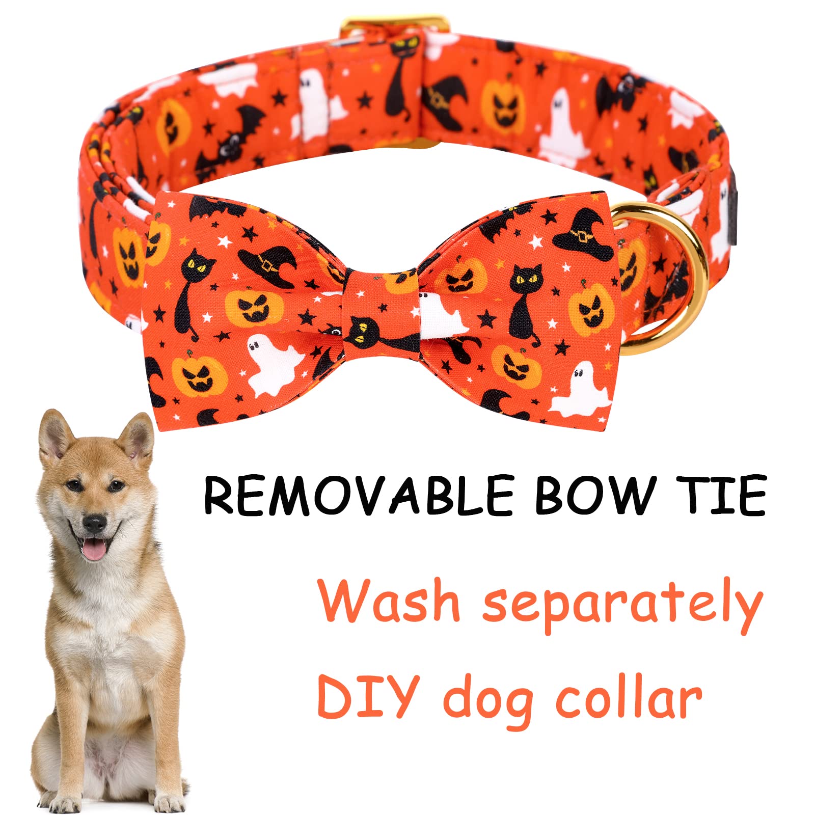 Unique Style Paws Halloween Dog Collar With Bow Tie Cotton Adjustable Puppy Collar For Small Medium Large Dogs-M