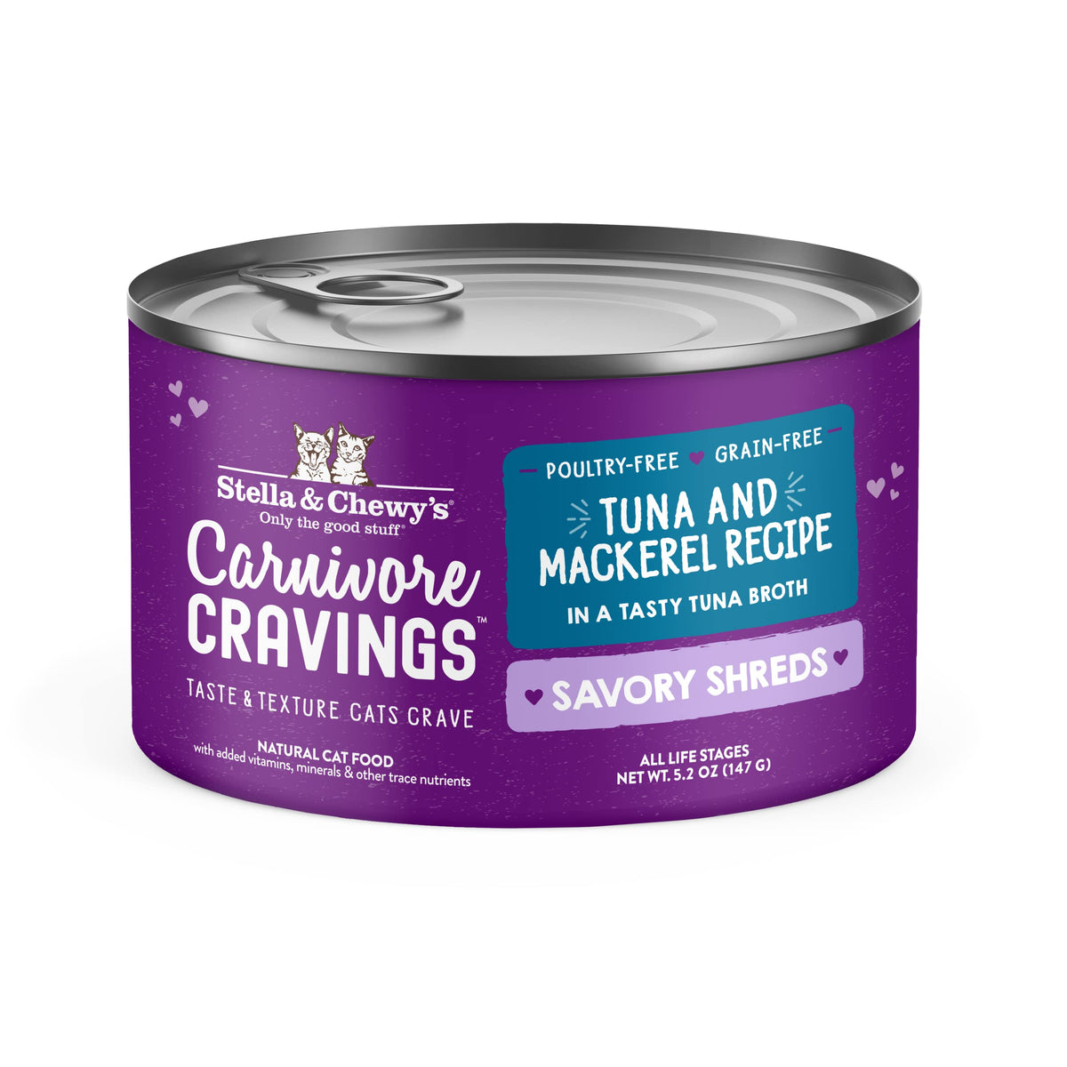 Stella & Chewy’S Carnivore Cravings Savory Shreds Cans – Grain Free, Protein Rich Wet Cat Food – Wild-Caught Tuna & Mackerel Recipe – (5.2 Ounce Cans, Case Of 8)