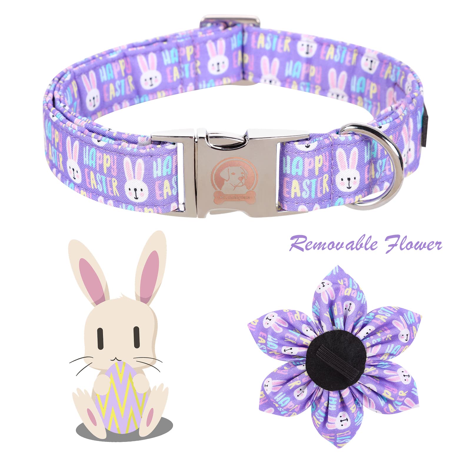 Mr. Chubbyface Easter Dog Collar Purple Rabbit With Flower Adjustable Bowtie For Small Medium Large Dogs