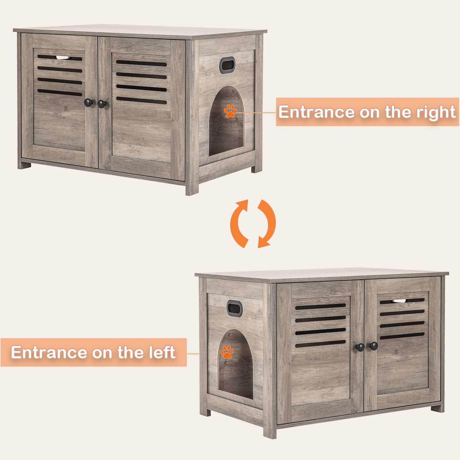 Dinzi Lvj Litter Box Enclosure, Cat Litter House With Louvered Doors, Entrance Can Be On Left Or Right Side, Spacious Hidden Cat Washroom For Most Of Litter Box, Cat Furniture Cabinet, Greige