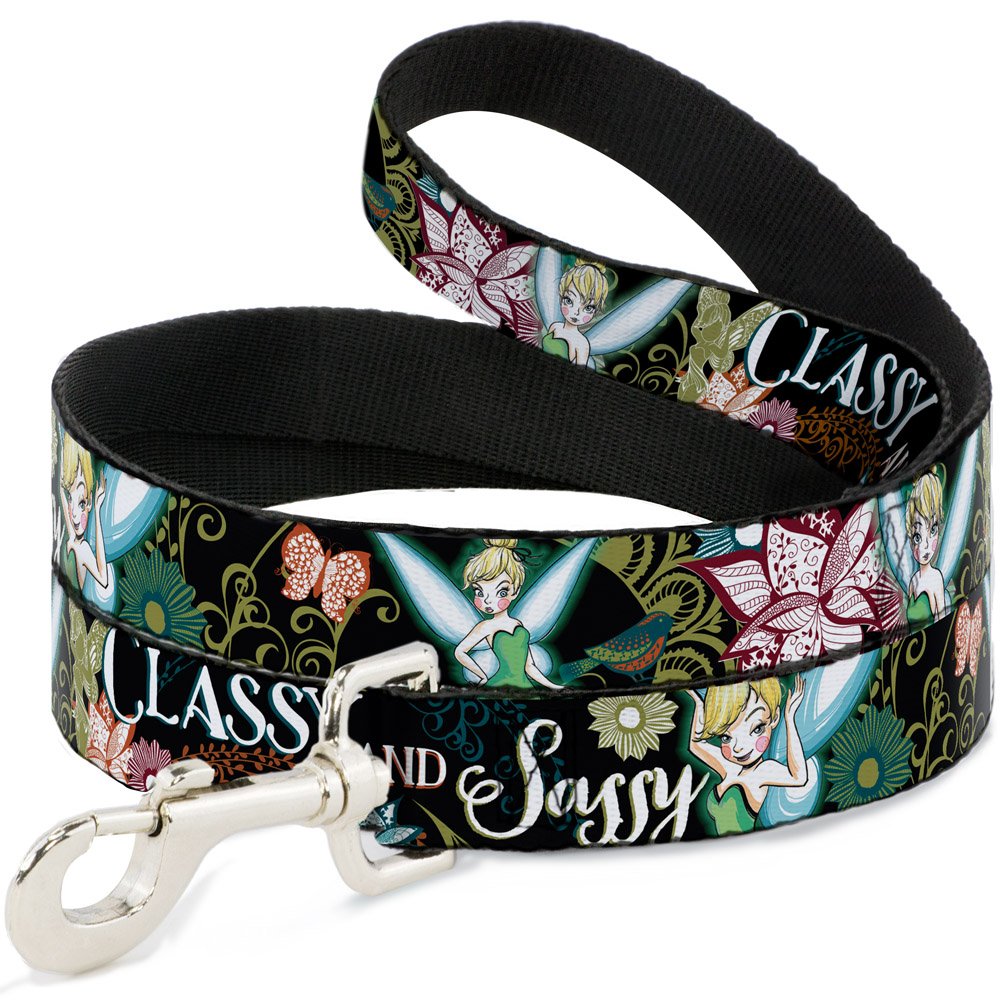 Buckle-Down Pet Leash - Tinker Bell Floral Collage Classy And Sassy - 6 Feet Long - 1/2' Wide