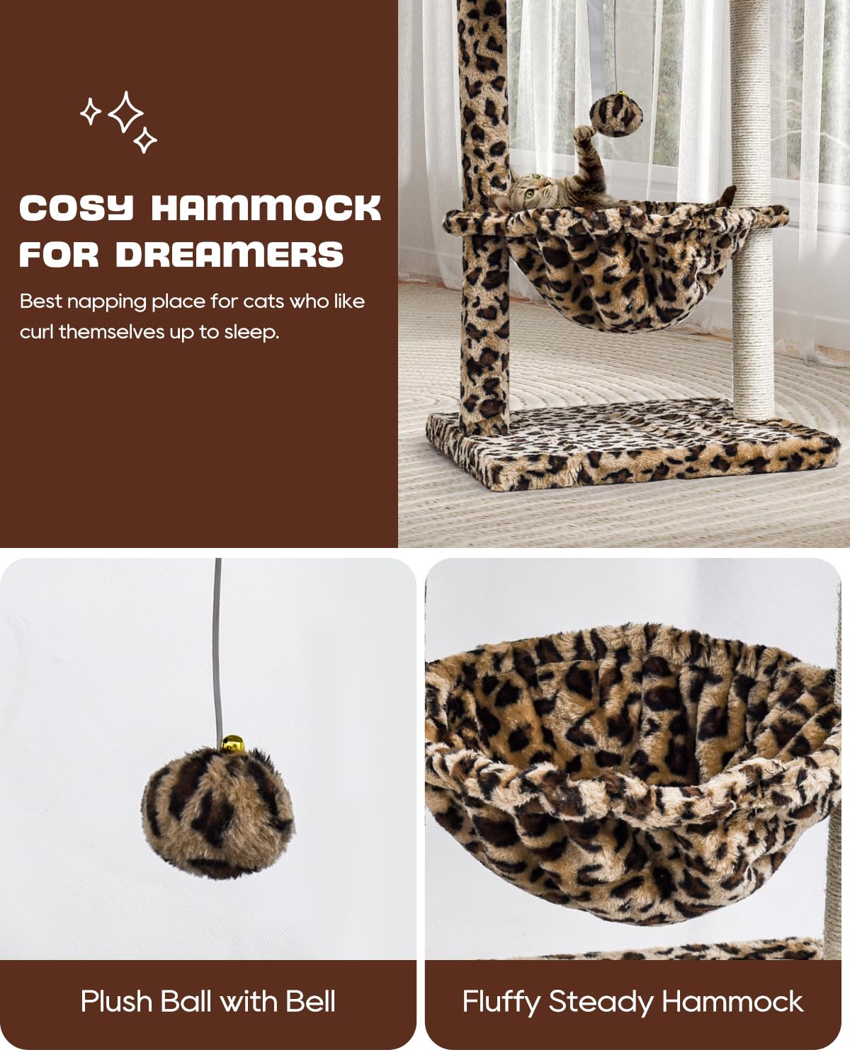 SYANDLVY Small Cat Tree for Indoor Cats, Unique Leopard Print Cat Tree Tower for Kitties, Condo Furniture with Hammock & Sisal S