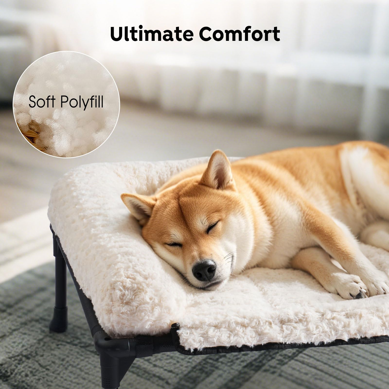 Veehoo Elevated Dog Bed with Removable Plush Bolster, 47"x29", White-Rose Velvet, Washable Cot with Breathable Mesh and No-Slip Feet