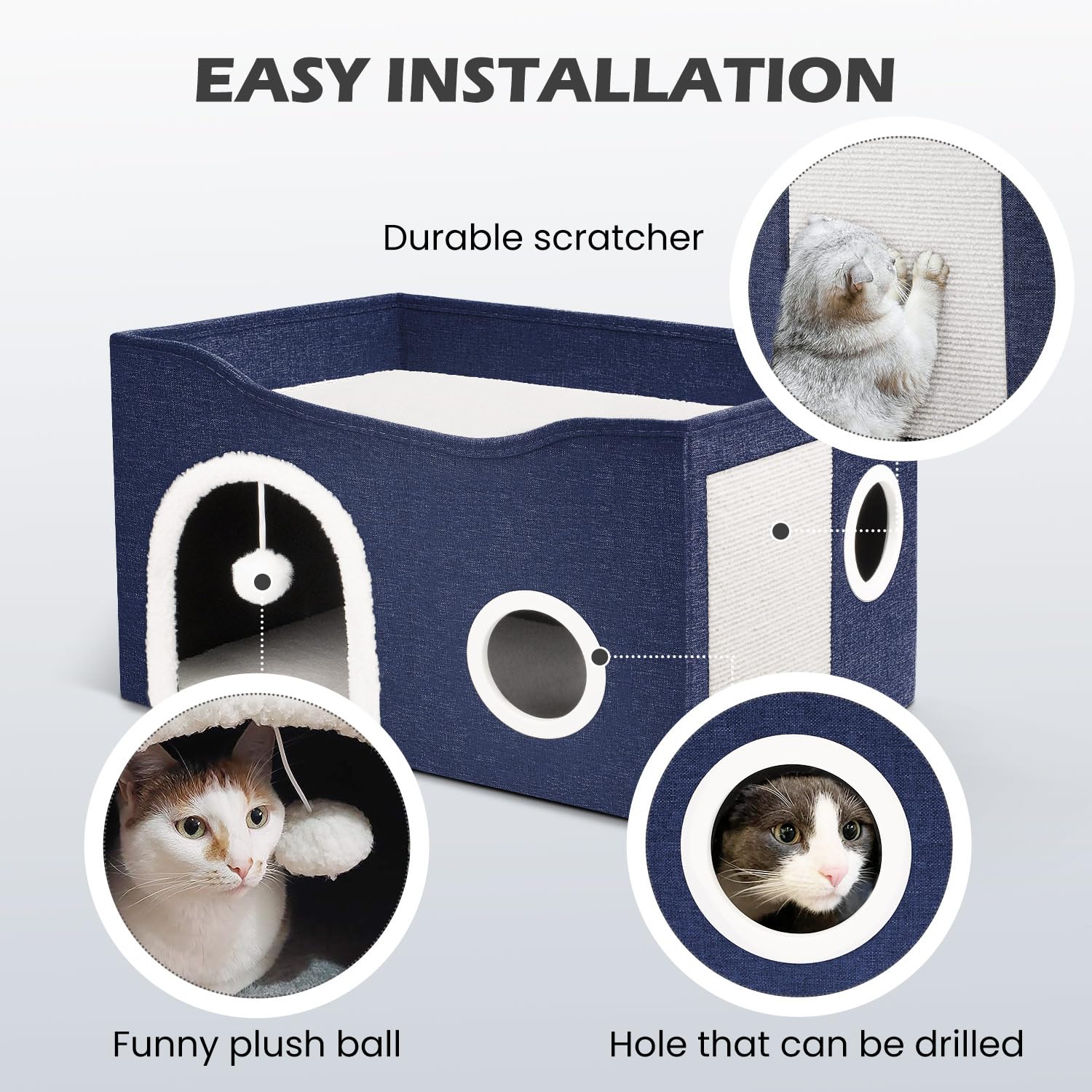 Heeyoo Large Cat House - Indoor Cat Bed Cave, Dark Blue, MDF, 23.8x15.9x13.2 Inch, Foldable with Scratch Pad & Fluffy Ball