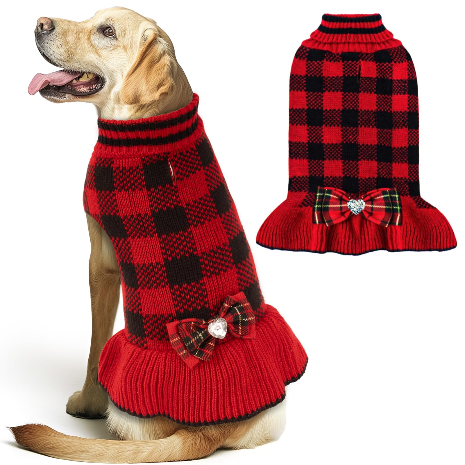 Kyeese Christmas Dog Sweater Dress For Medium Dogs With Leash Hole Classi Checkered Pet Sweaters Dog Christmas Outfit With Bowti
