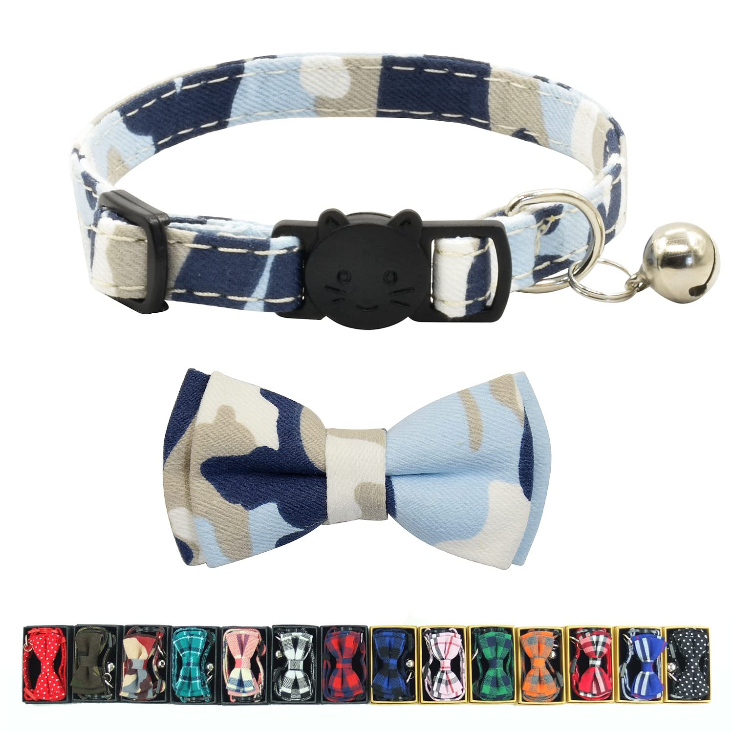Cat Collar Breakaway With Bell And Bow Tie, Plaid Design Adjustable Safety Kitty Kitten Collars(6.8-10.8In)(Camo 3)