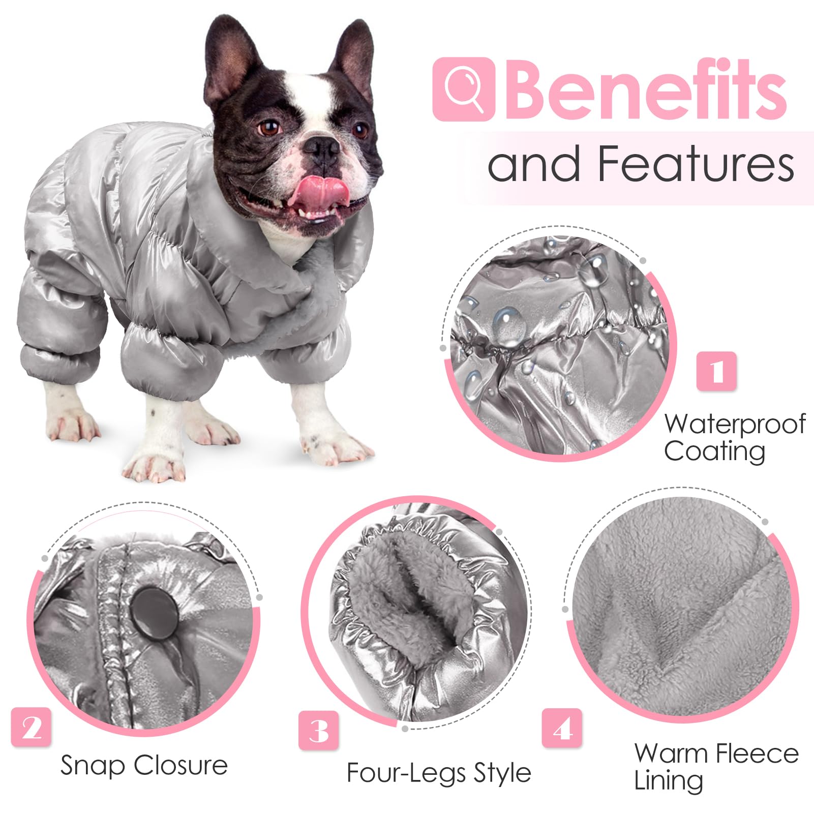 AOFITEE Dog Coat - Waterproof & Windproof Puppy Jacket for Winter, Fullbody Snowsuit, Fleece Vest, Silver, L