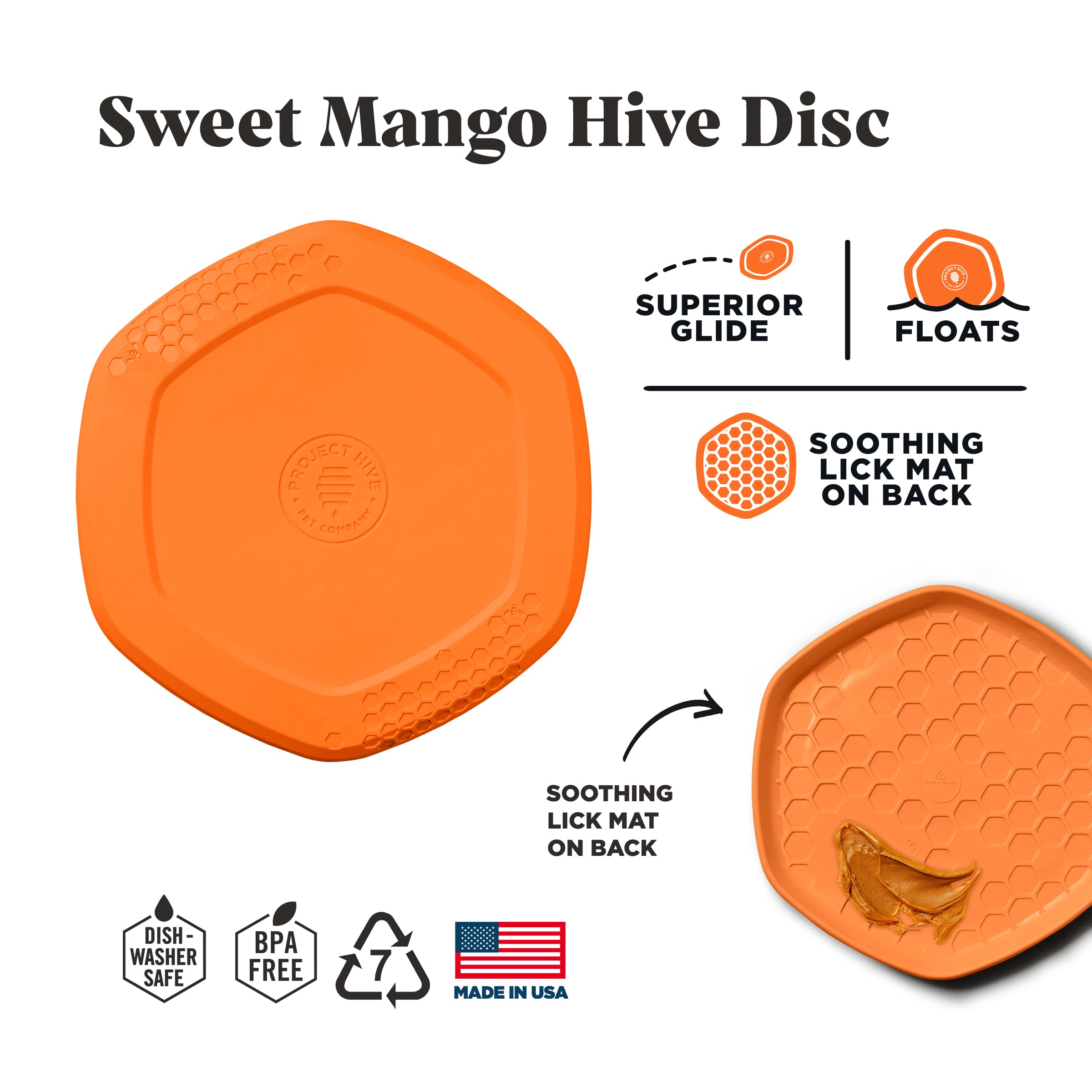 Project Hive ·Pet Company· - Sweet Mango Scented - Hive Frisbee Disc For Dogs - Great For Fetch - Includes A Lick Mat On Back - Floats In Water, Smooth Glide - Made In The Usa