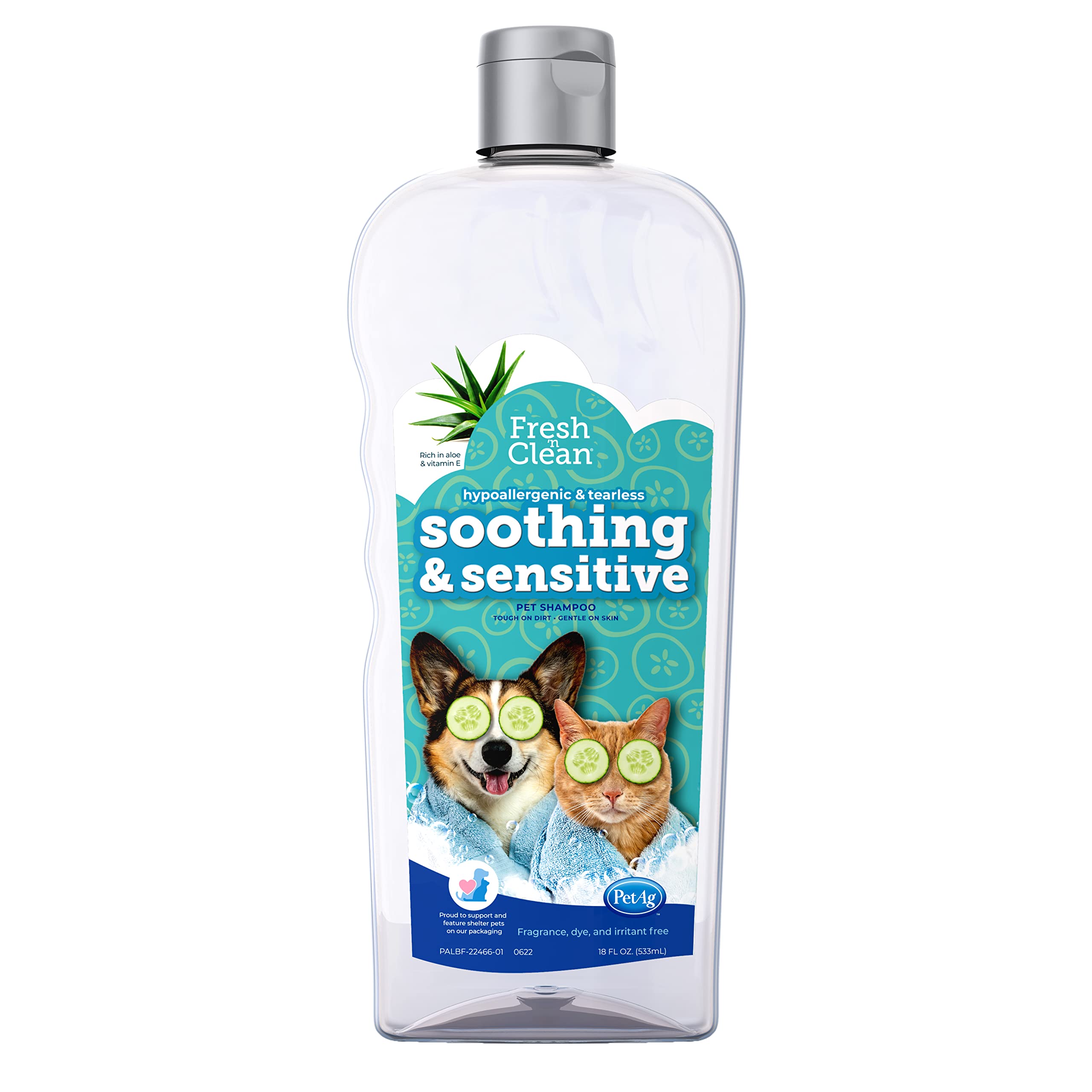 Petag Fresh ’N Clean Soothing & Sensitive Pet Shampoo - 18 Oz - Hypoallergenic & Tearless Pet Shampoo For Dogs, Cats & Small Animals With Aloe & Vitamin E - Fragrance Free