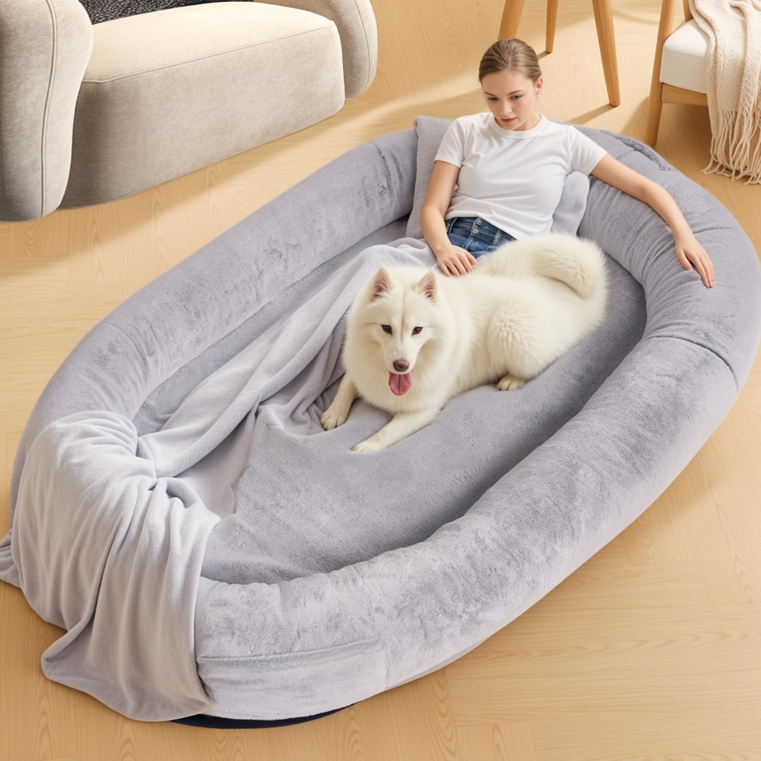 Human-Sized Dog Bed, 71'X45'X14', Washable Faux Fur Orthopedic Bean Bed With Storage Pocket, Grey