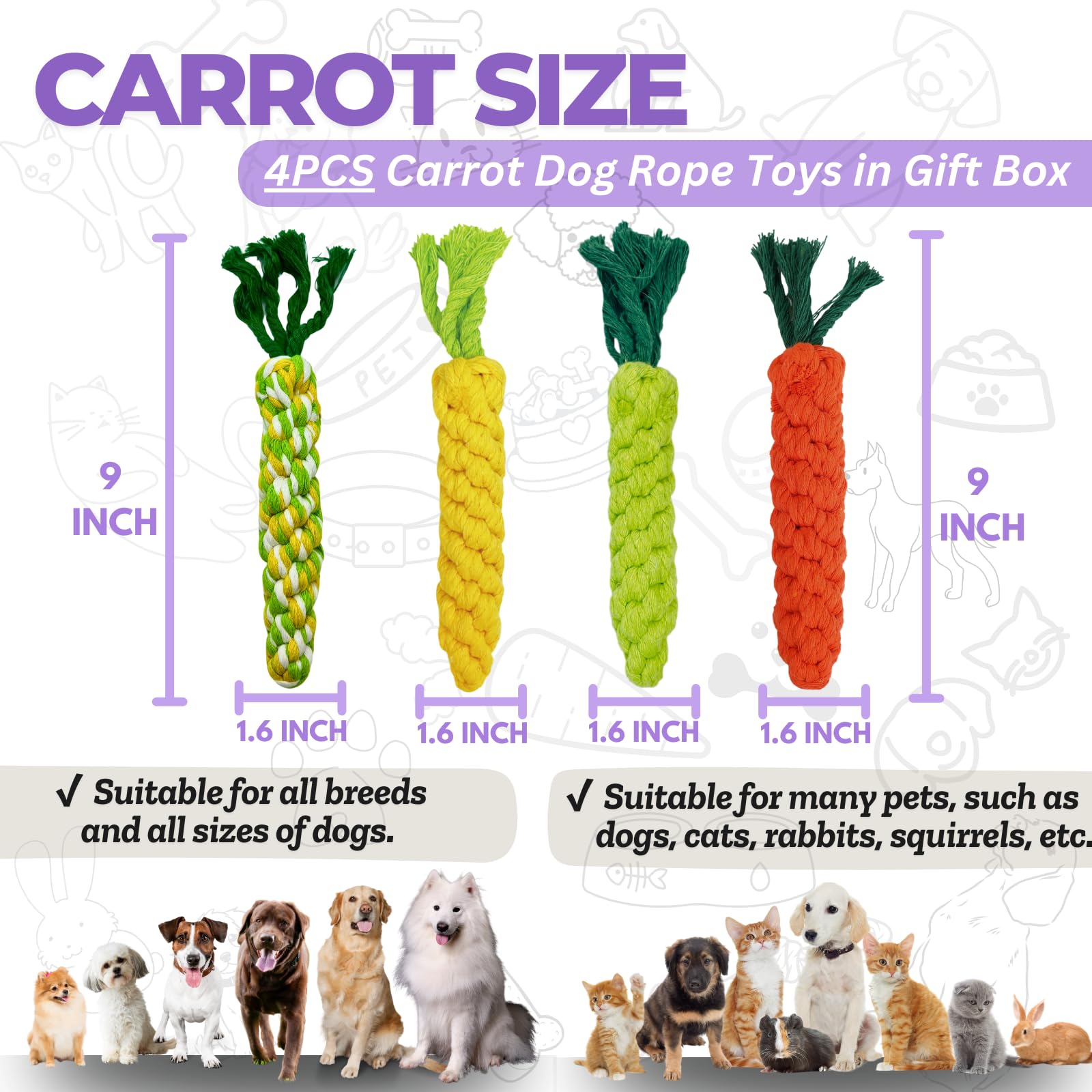 Autumnnest 4Pcs Mixed Color Woven Pet Chew Set (Yellow, Green, Orange, Rainbow), Dog Chew Toys, Cat Teething Toys, Durable & Saf