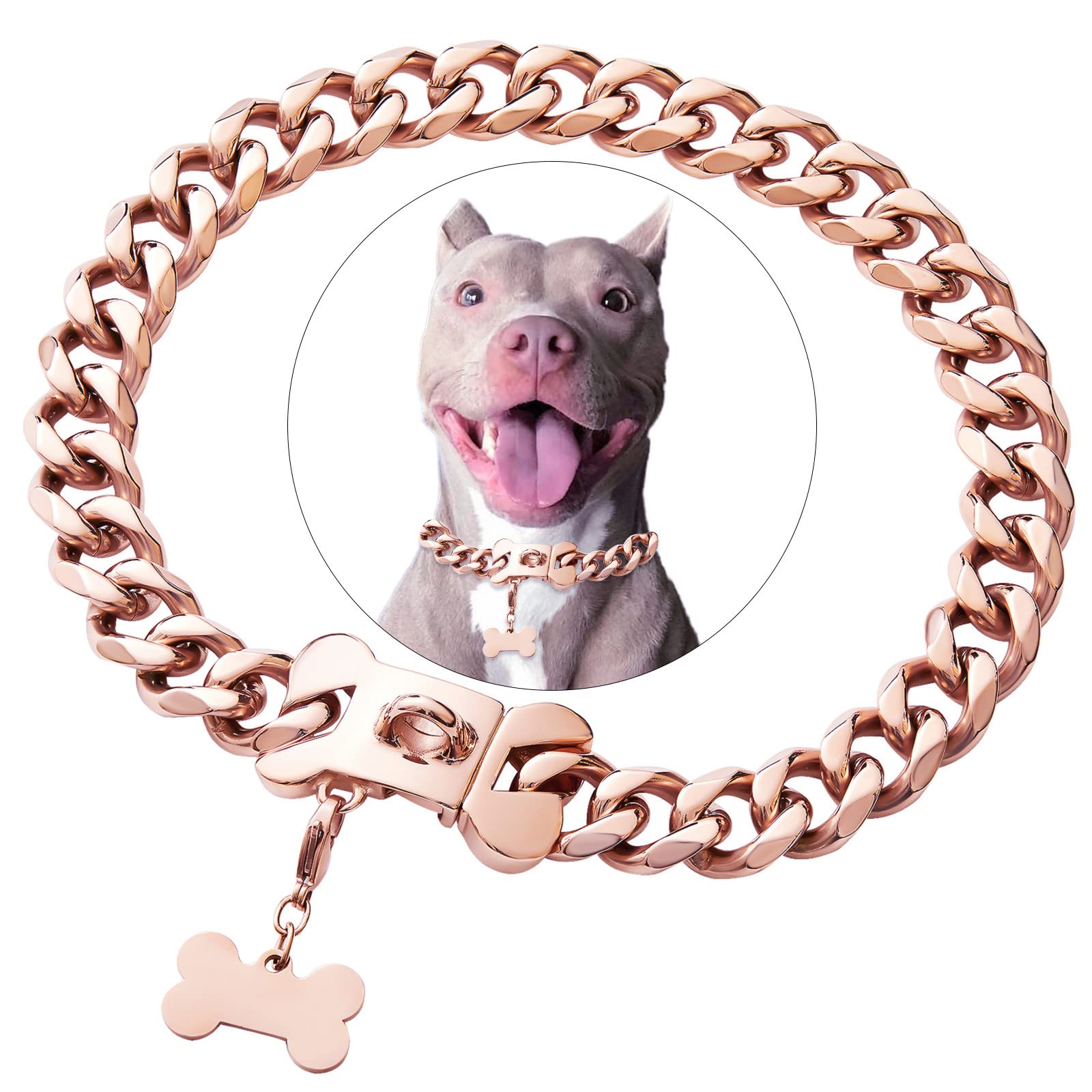 Rose Gold Stainless Steel Cuban Link Heavy Duty Dog Collar For Small Medium Large Dogs, American Bully French Bulldog Luxury Dog Collar With Safety