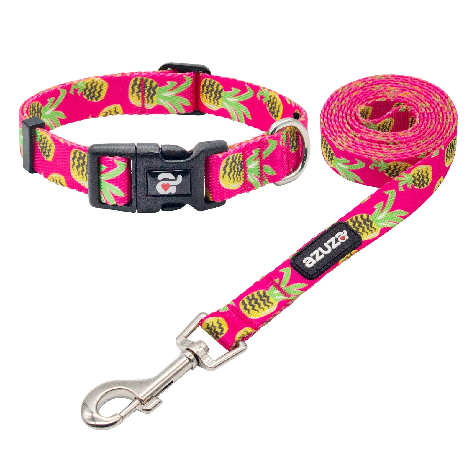 Azuza Dog Collar And Leash Set, Pineapple Patterns On Nylon Collar And Matching Leash, Great Option For Medium Dogs