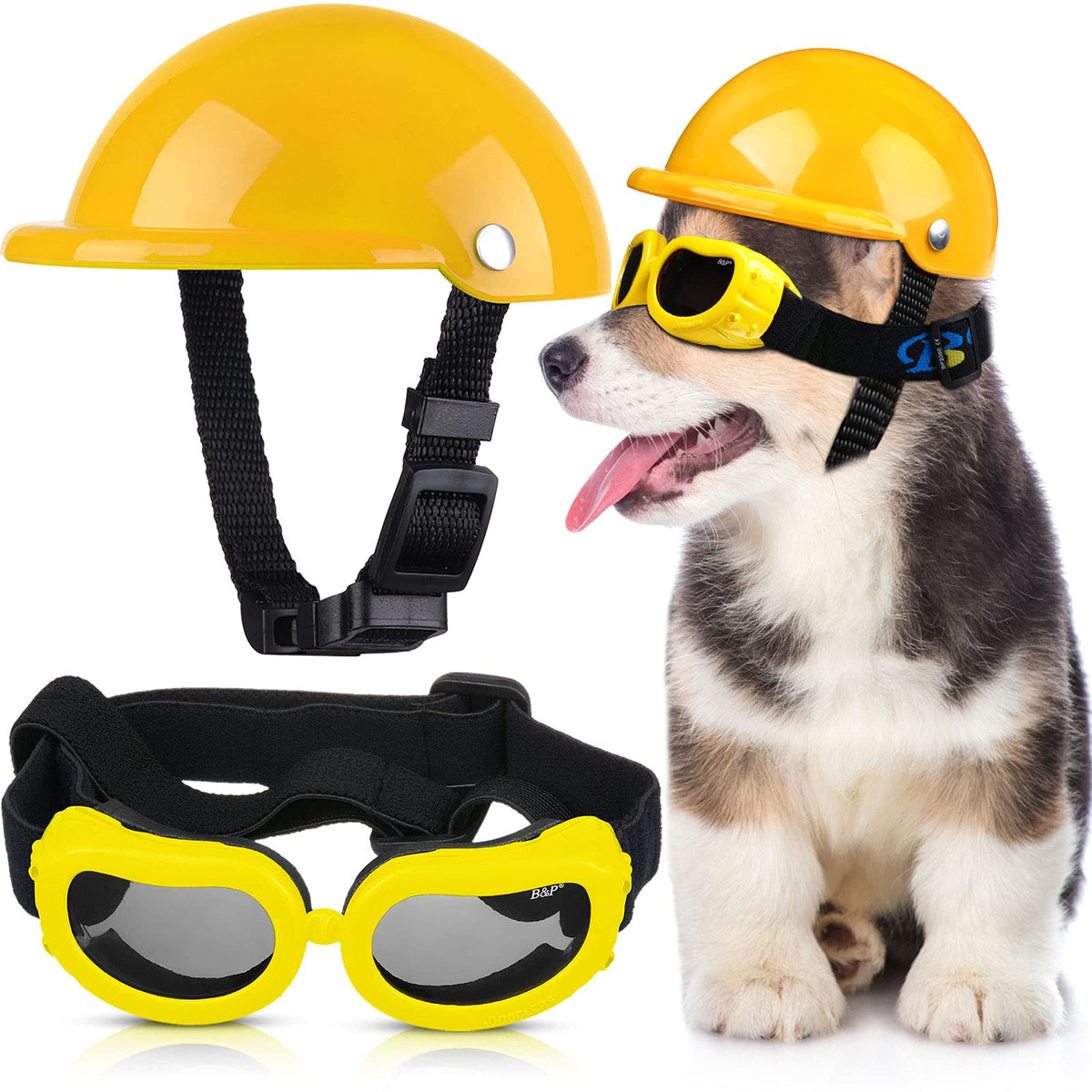 Pet Dog Helmet And Dog Goggles Set 4 Inch Padded Pet Motorcycle Helmet Dog Sunglasses Safety Pet Cap Dog Hard Hat Adorable Puppy Goggles With Adjustable Belt For Small Dog Riding,S Size (Yellow)