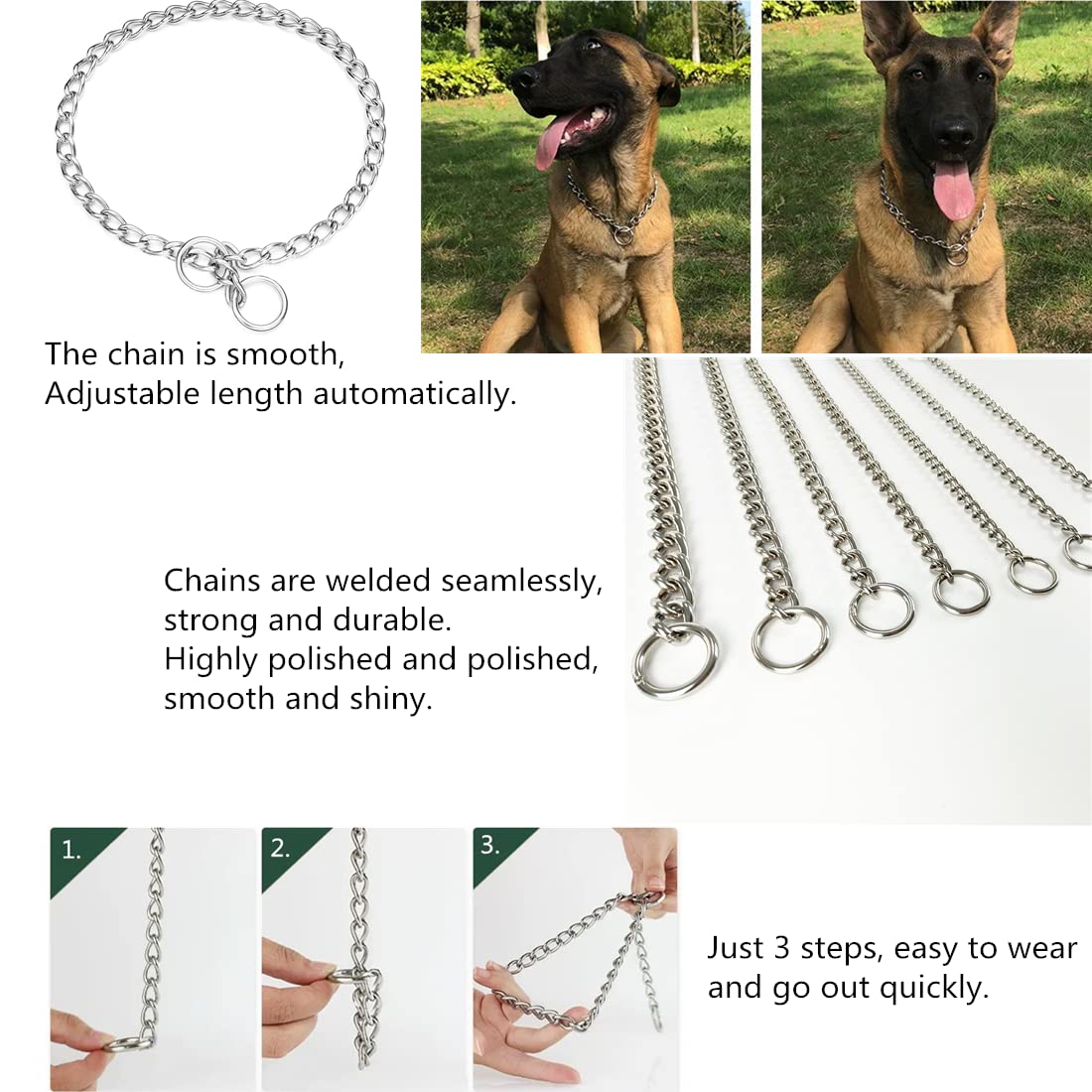 Puroayet Chain Dog Collar, Heavy Duty Stainless Steel Metal Link Collars, Dog Silp Collars For Training Walking, Waterproof Chew