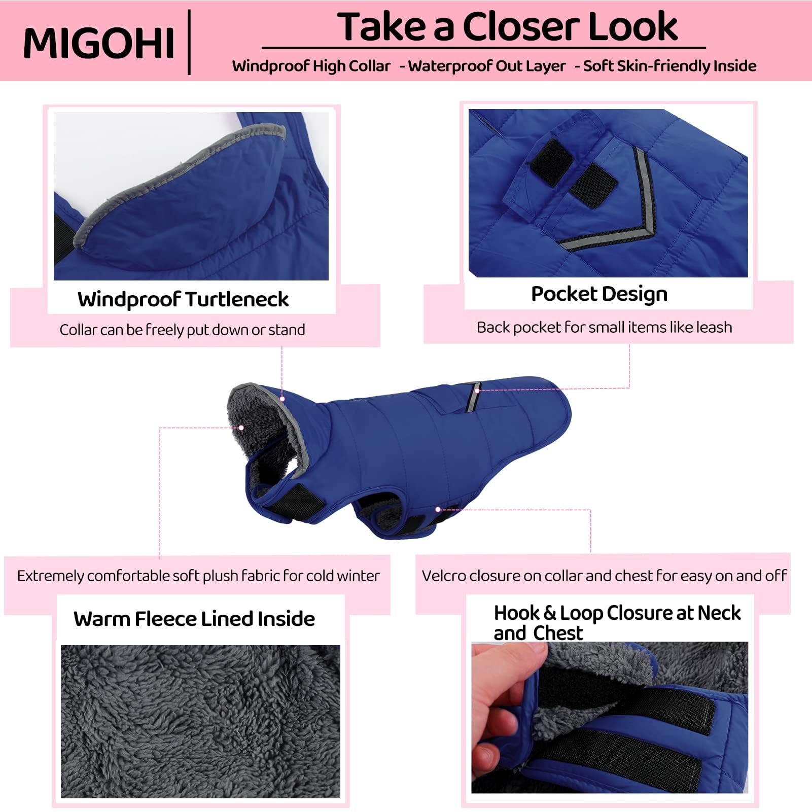MIGOHI Warm Dog Coat - Winter Dog Jacket, Reflective Windproof Fleece Vest with Leash Hole and Furry Collar, Blue, Small to Larg