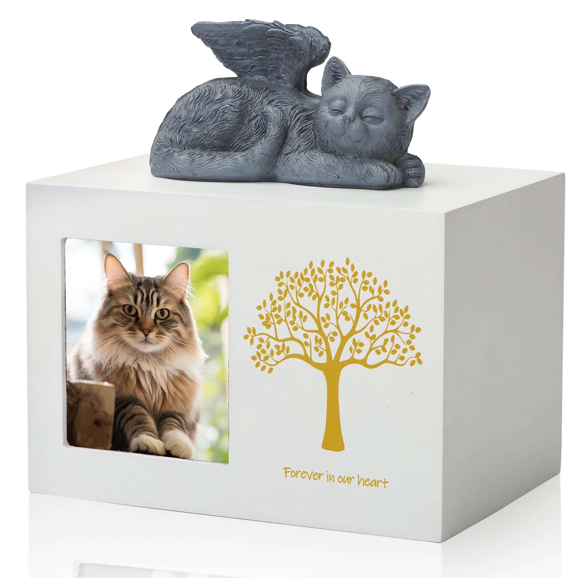 Didibirdi Pet Urn For Dog Ashes, Tree Pattern Wooden Keepsake With Photo Frame, Memory Box With Resin Animal Statue And Sealed S