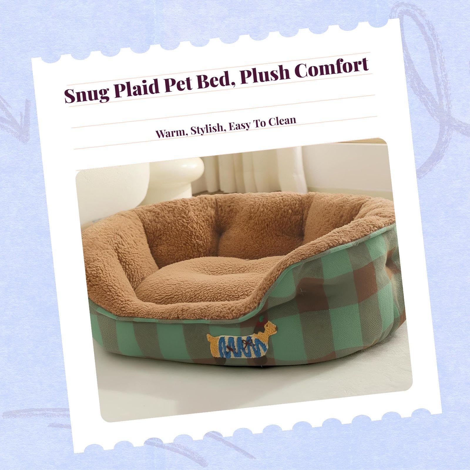 MERISHOPP Dog Bed, Thickened Warm Pet Sofa, Removable Cover, Suitable for Small and Average Dogs Green Plaid M