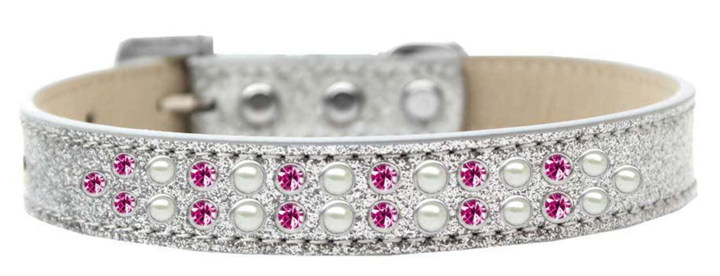Mirage Pet Products Two Row Pearl and Pink Crystal Ice Cream Dog Collar, Size 20, Silver