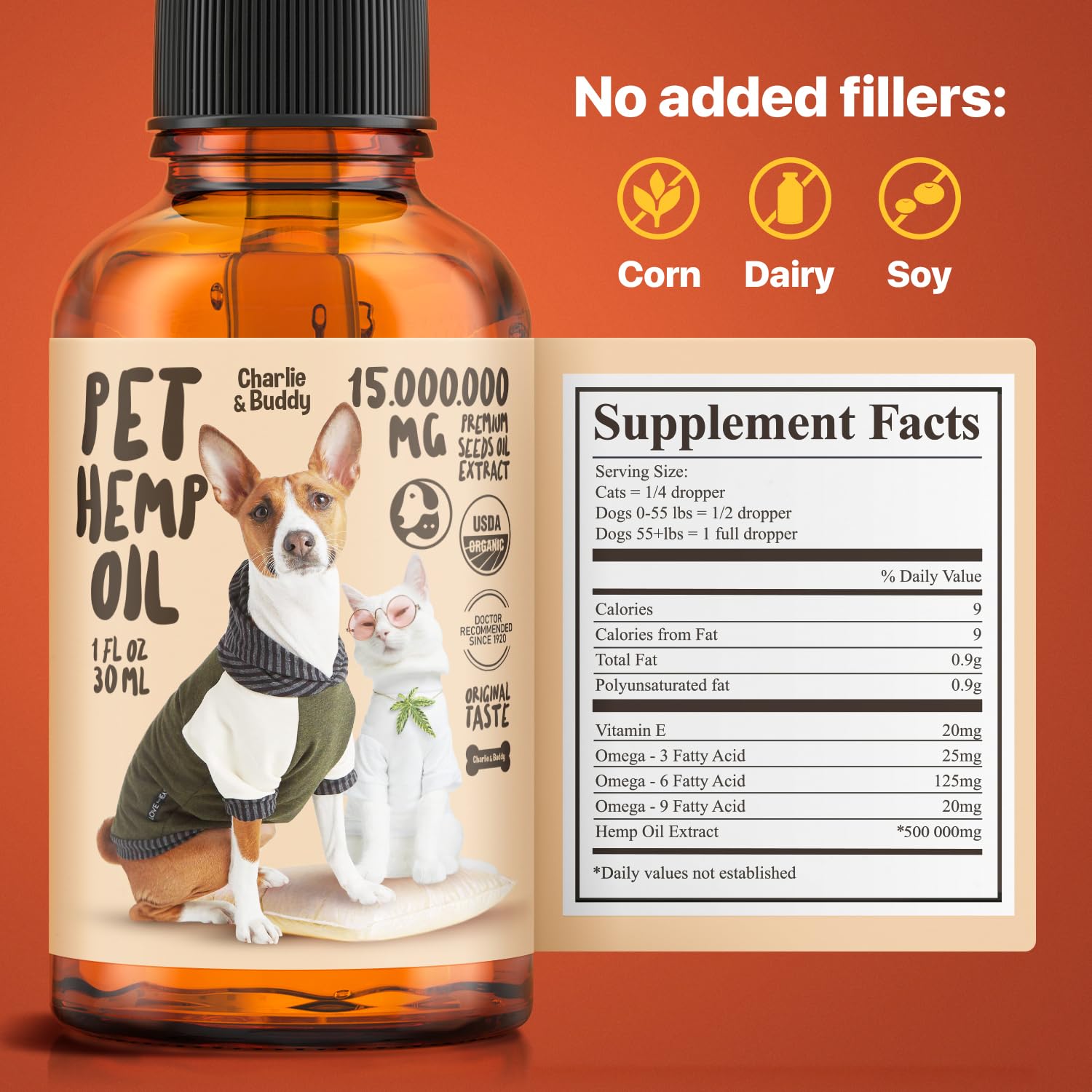 Charlie Buddy - H?mp Oil for Dogs Cats - Hip and Joint Support and Skin Health - Anxiety, Calm, Pain - Omega 3, 6, 9 and Vitamin