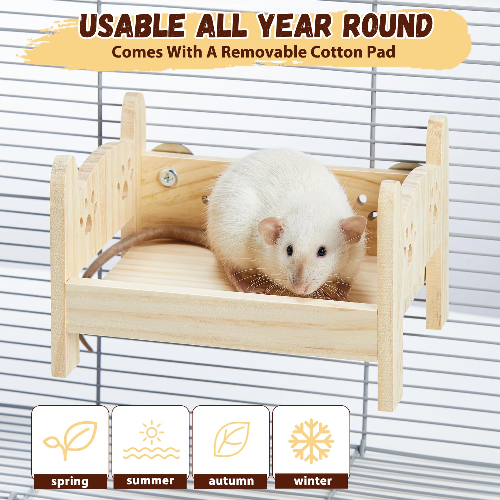 Jevnd Wooden Rat Bed, Rat Hammock For Cage Chew Proof, Pet Rat Cage Accessories Hanging Bed, Safe And Cozy Rodent Hammock With R