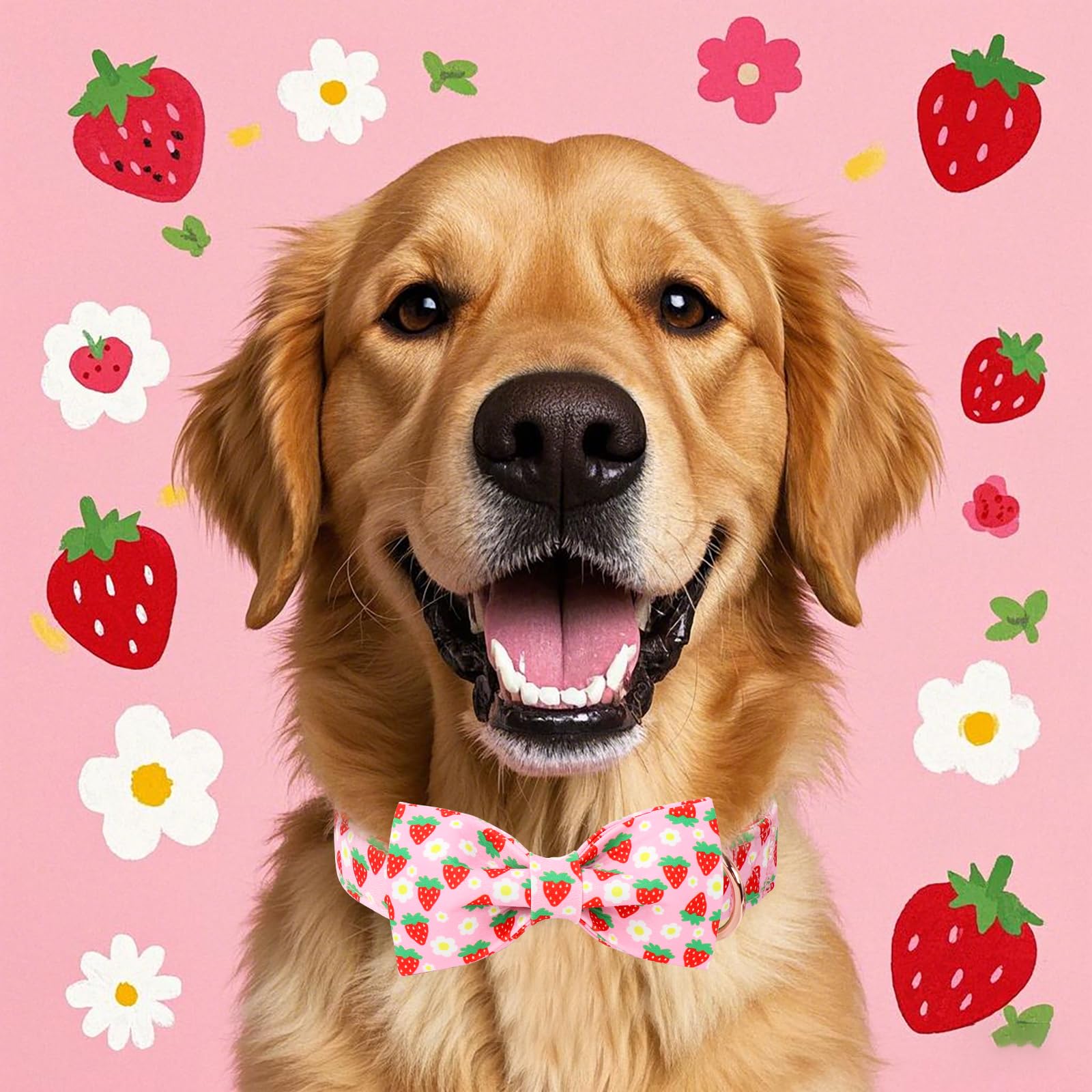Babole Pet Cute Strawberry Dog Collar With Bow Tie - Adjustable Spring-Summer Pink Bowtie Collar Breathable Comfort Dog Collars