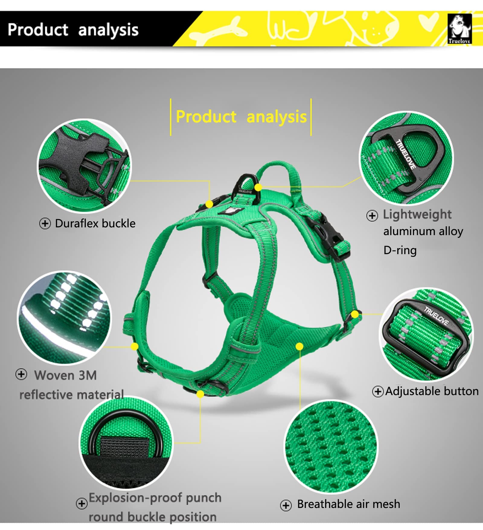 True Love Adjustable No-Pull Dog Harness Reflective Pup Vest Harnesses Comfortable Control Brilliant Colors Truelove Tlh5651(Gray,Xs)