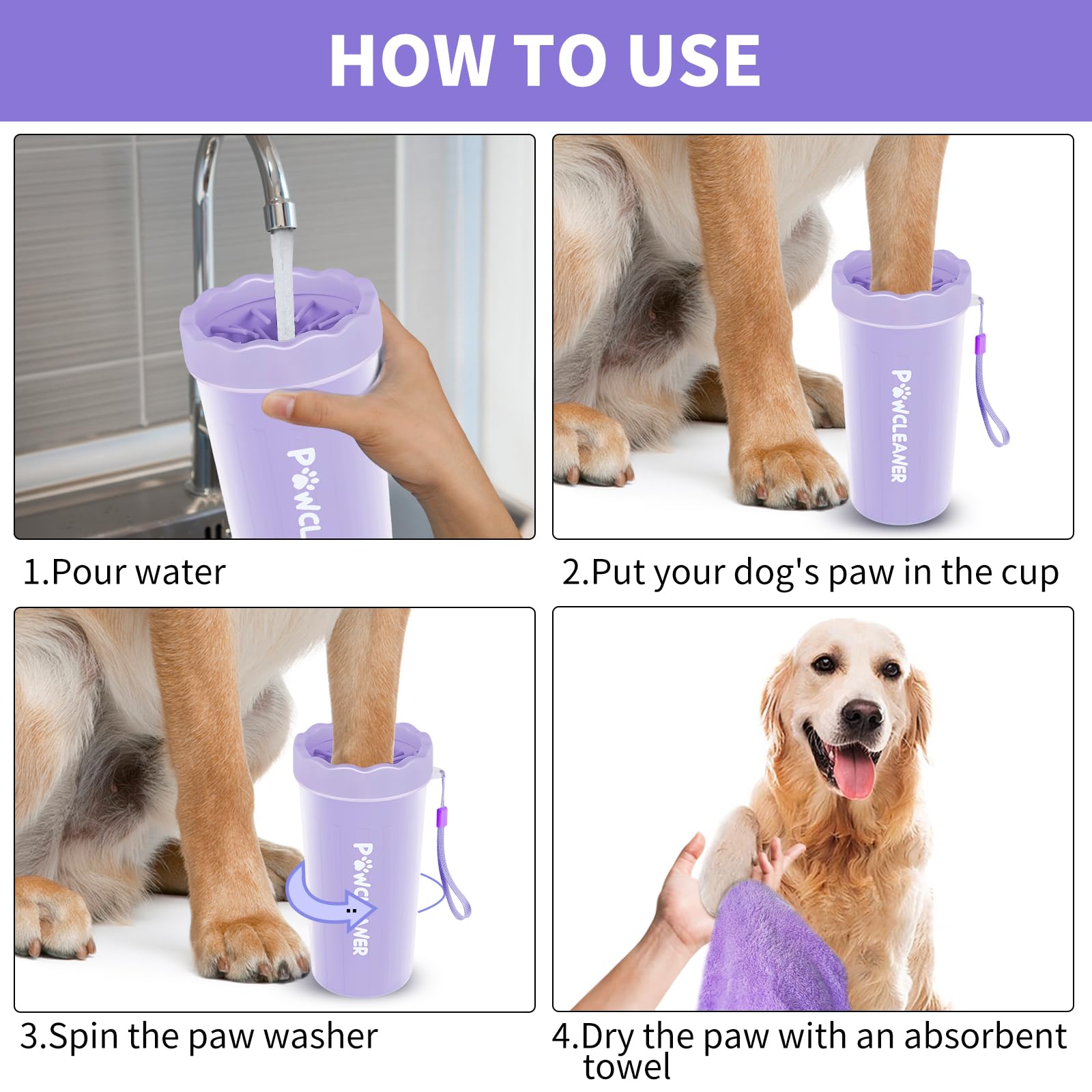 Dog Paw Cleaner For Dogs, (With 3Pcs Absorbent Towels & Adjustable Bath Brush) Dog Paw Washer,Pet Foot Cleaner (Purple, Large)
