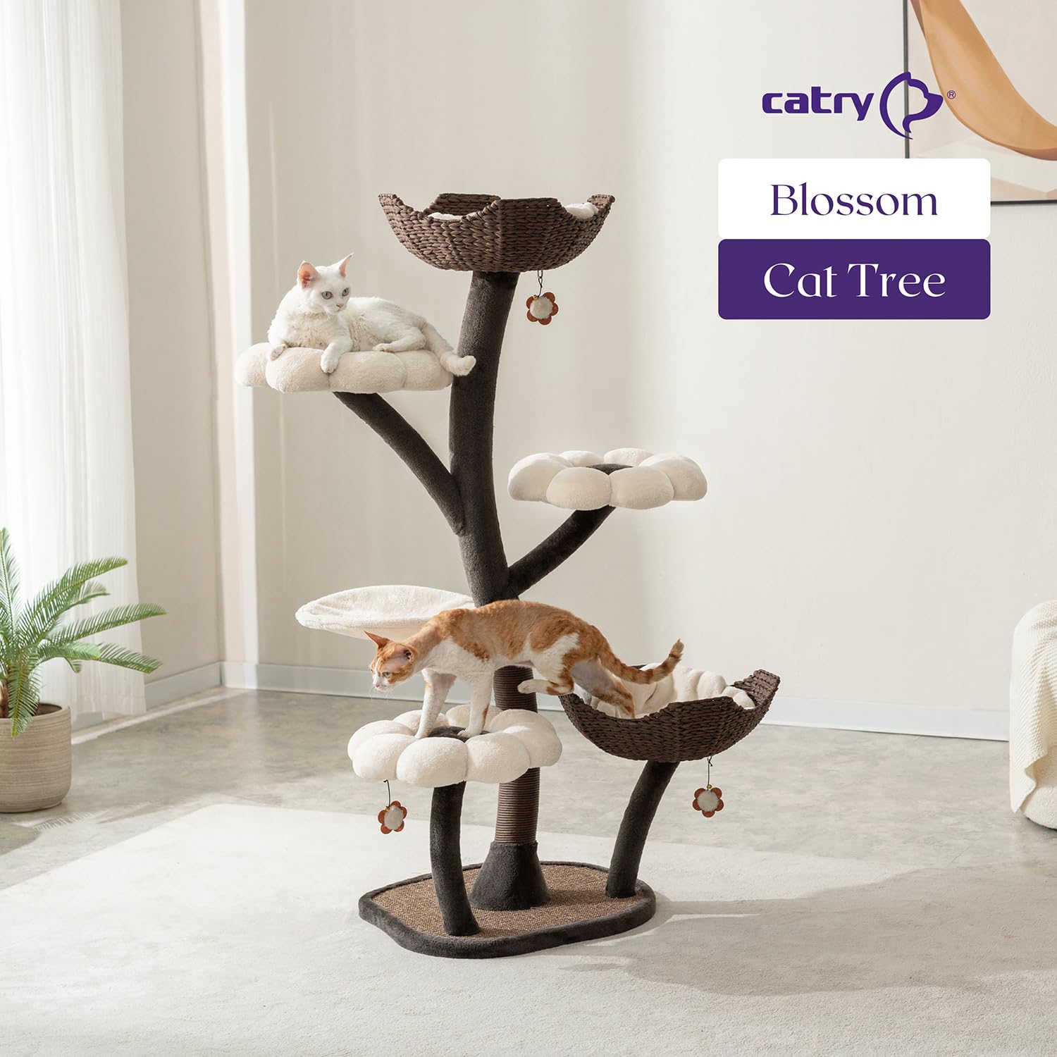 Catry Blossom 6-Level Multi-Activity Cat Tree With Plush Flower Perches, Leaf Hammock, Handwoven Baskets, Recycled Paper Rope Sc