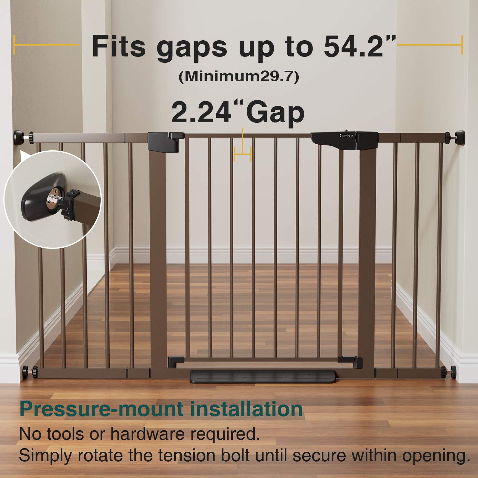 Cumbor 29.7-54.2' Wide Baby Gate For Stairs, Mom'S Choice Awards Winner-Self Closing Dog Gate Indoor For Doorways, No Drilling Pressure Mounted Pet Gates For Kids, Easy Walk Through Safety Gate, Brown
