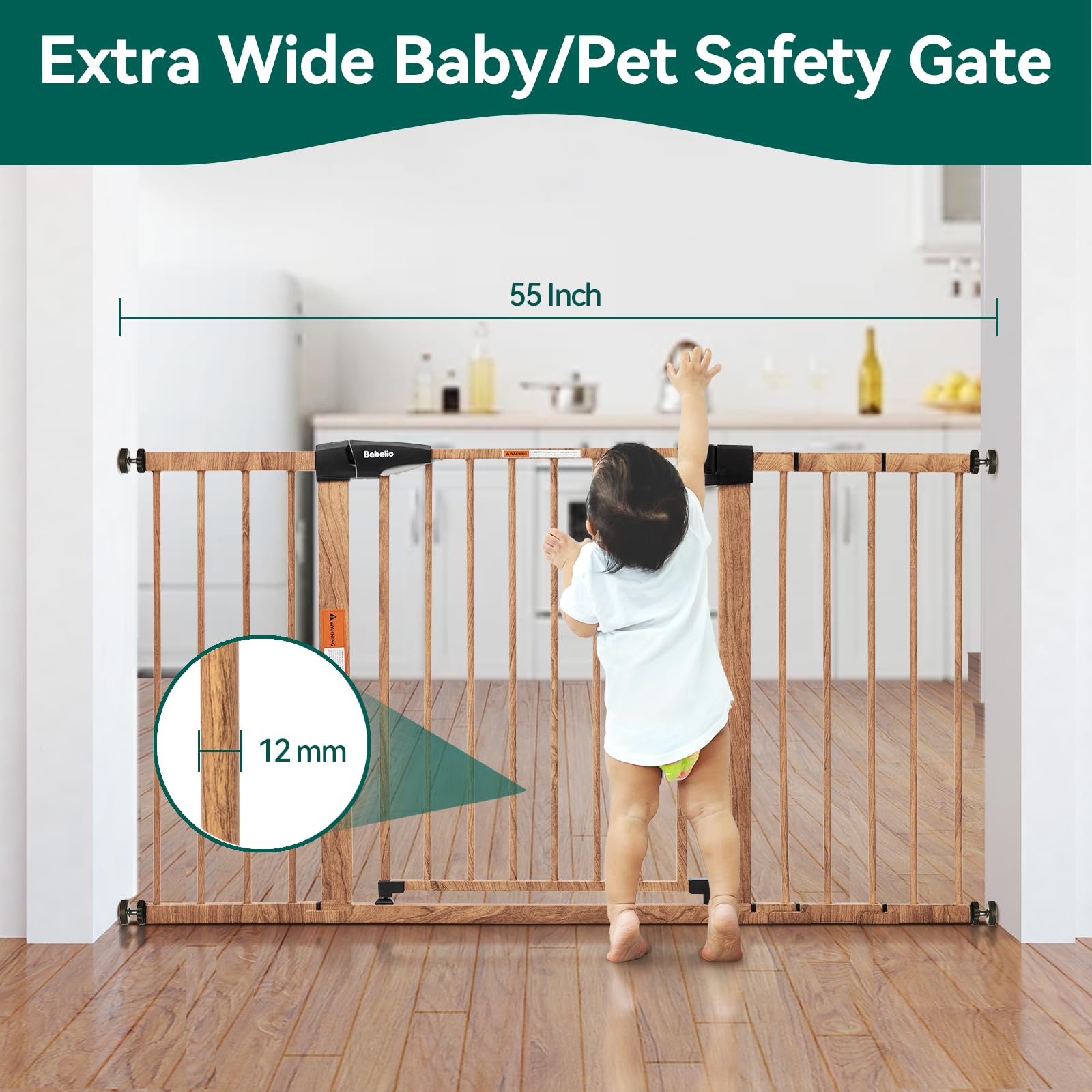 Babelio Metal Auto Close Baby Gate PressGuard P7, 29-55 Wide Extra Wide Pet Gate for The House and Doorways, Pressure Mounted Wa